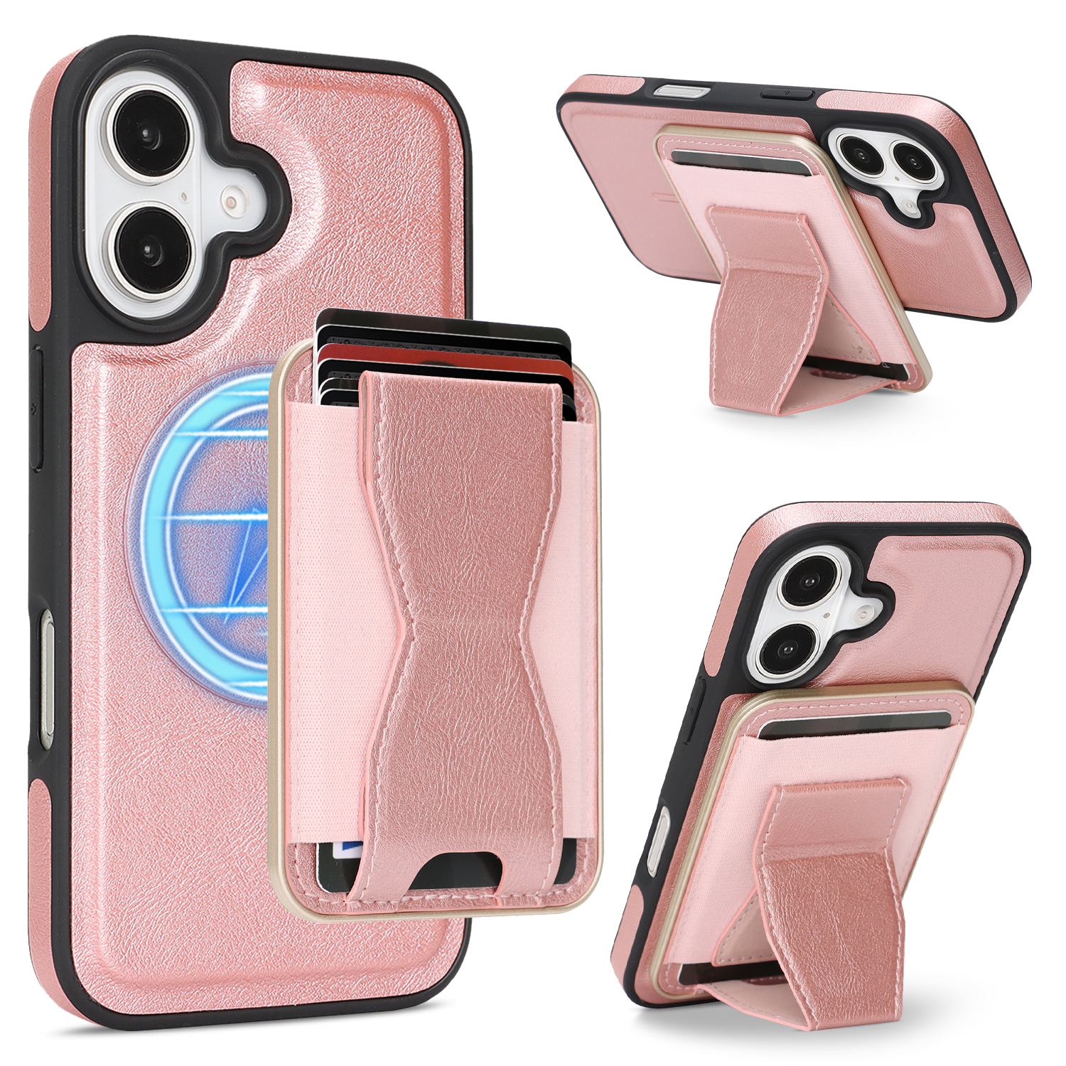 For iPhone 16 Case Compatible with MagSafe Leather Back Phone Cover with Detachable Card Holder Kickstand - Rose Gold