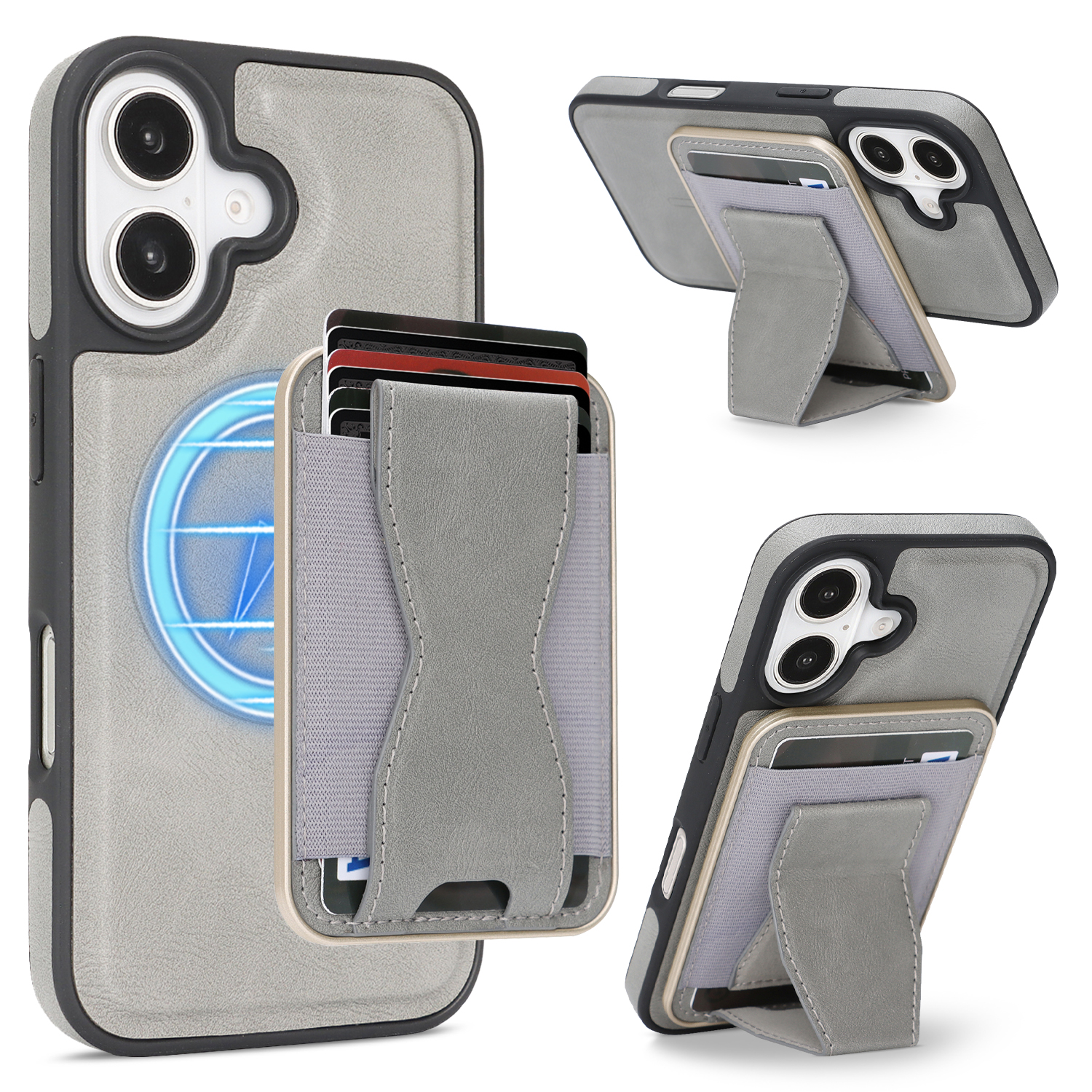 For iPhone 16 Case Compatible with MagSafe Leather Back Phone Cover with Detachable Card Holder Kickstand - Light Grey
