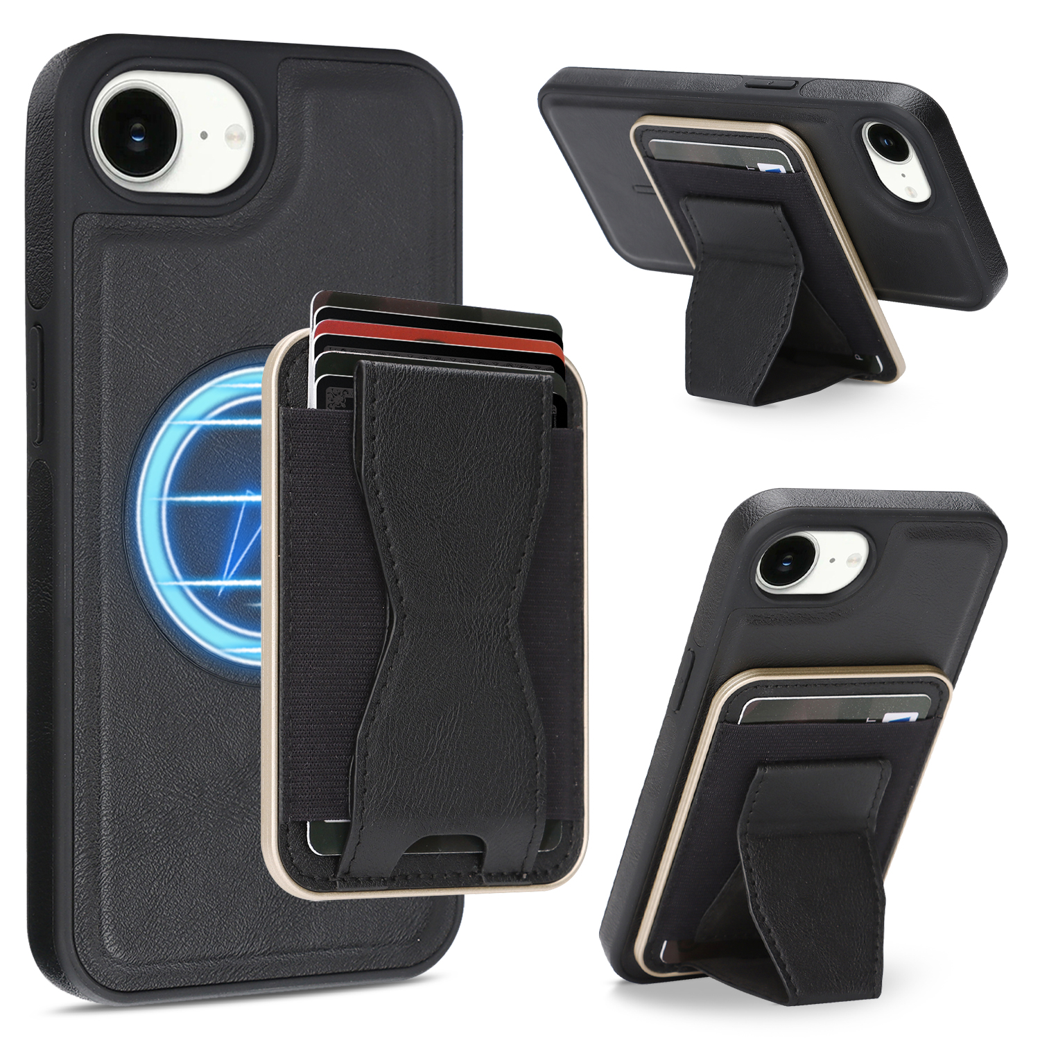 For iPhone 16e Case Compatible with MagSafe Leather Back Phone Cover with Detachable Card Holder Kickstand - Black