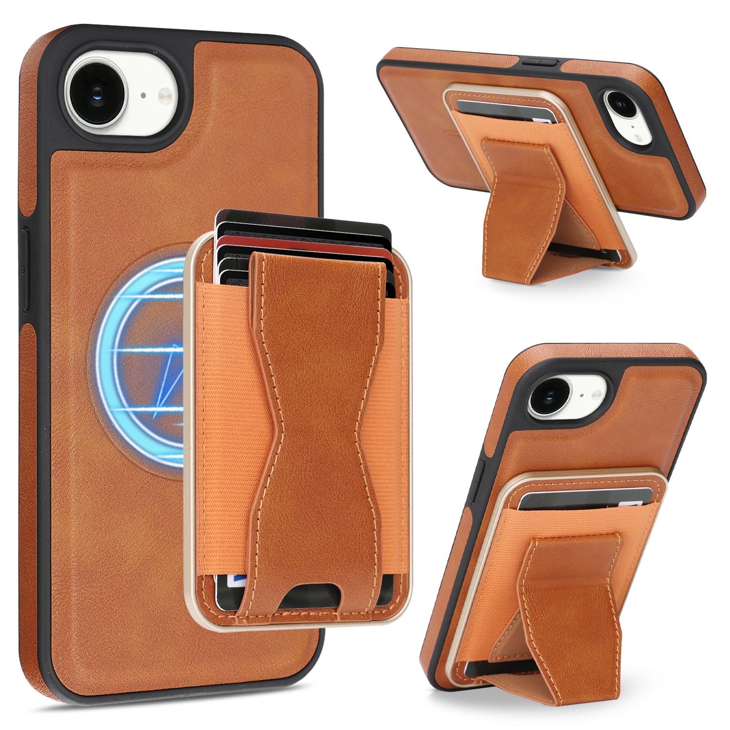 For iPhone 16e Case Compatible with MagSafe Leather Back Phone Cover with Detachable Card Holder Kickstand - Brown