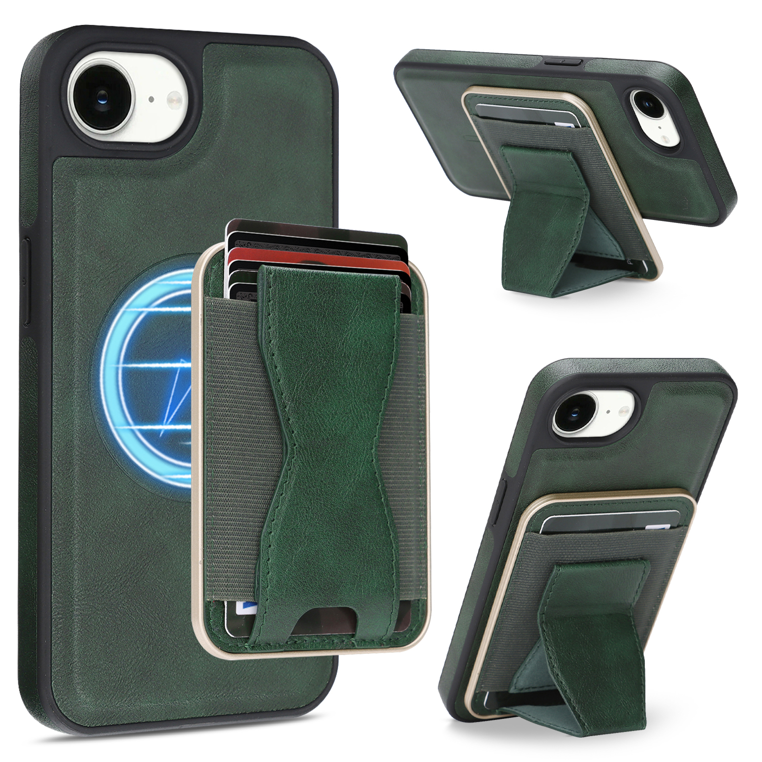 For iPhone 16e Case Compatible with MagSafe Leather Back Phone Cover with Detachable Card Holder Kickstand - Dark Green