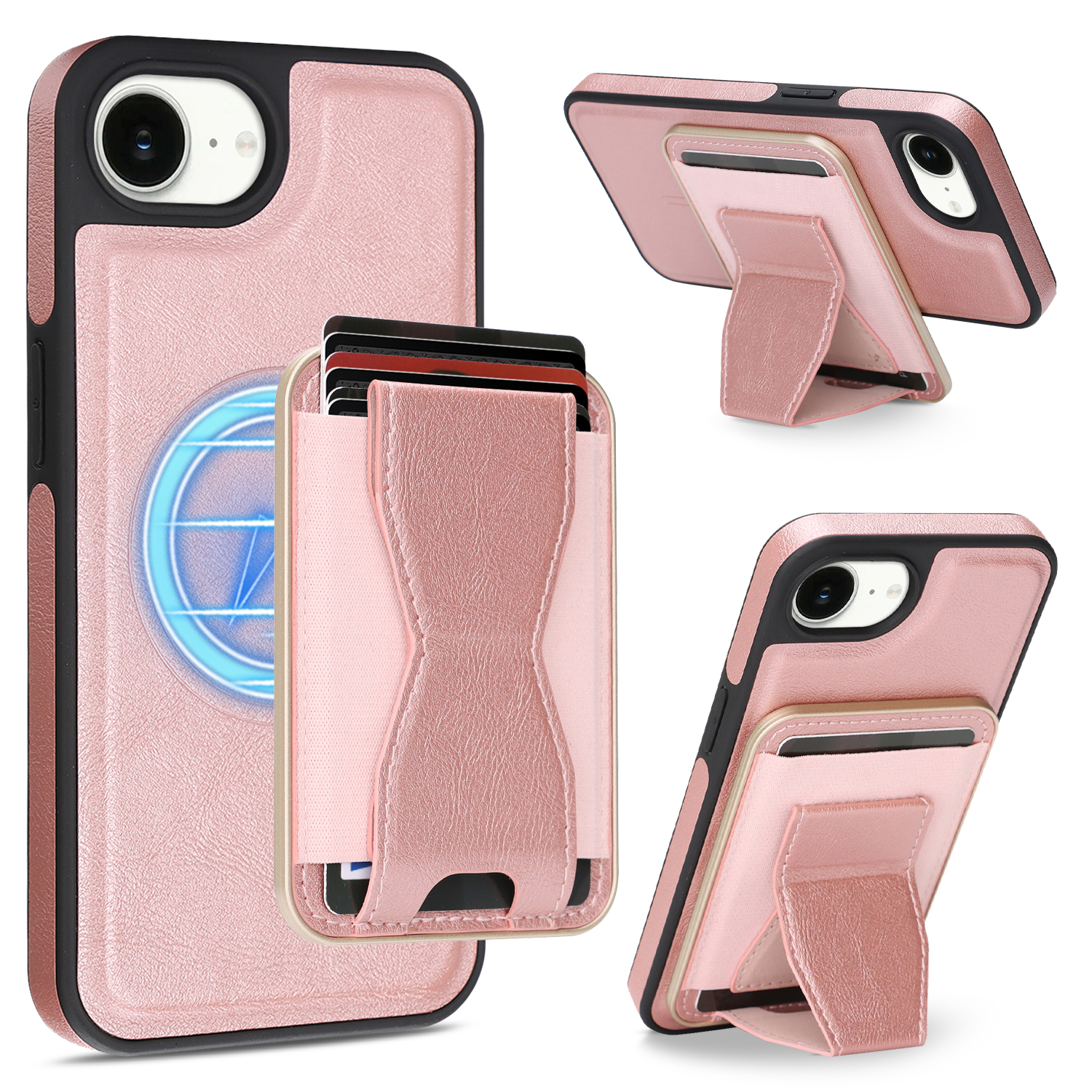 For iPhone 16e Case Compatible with MagSafe Leather Back Phone Cover with Detachable Card Holder Kickstand - Rose Gold