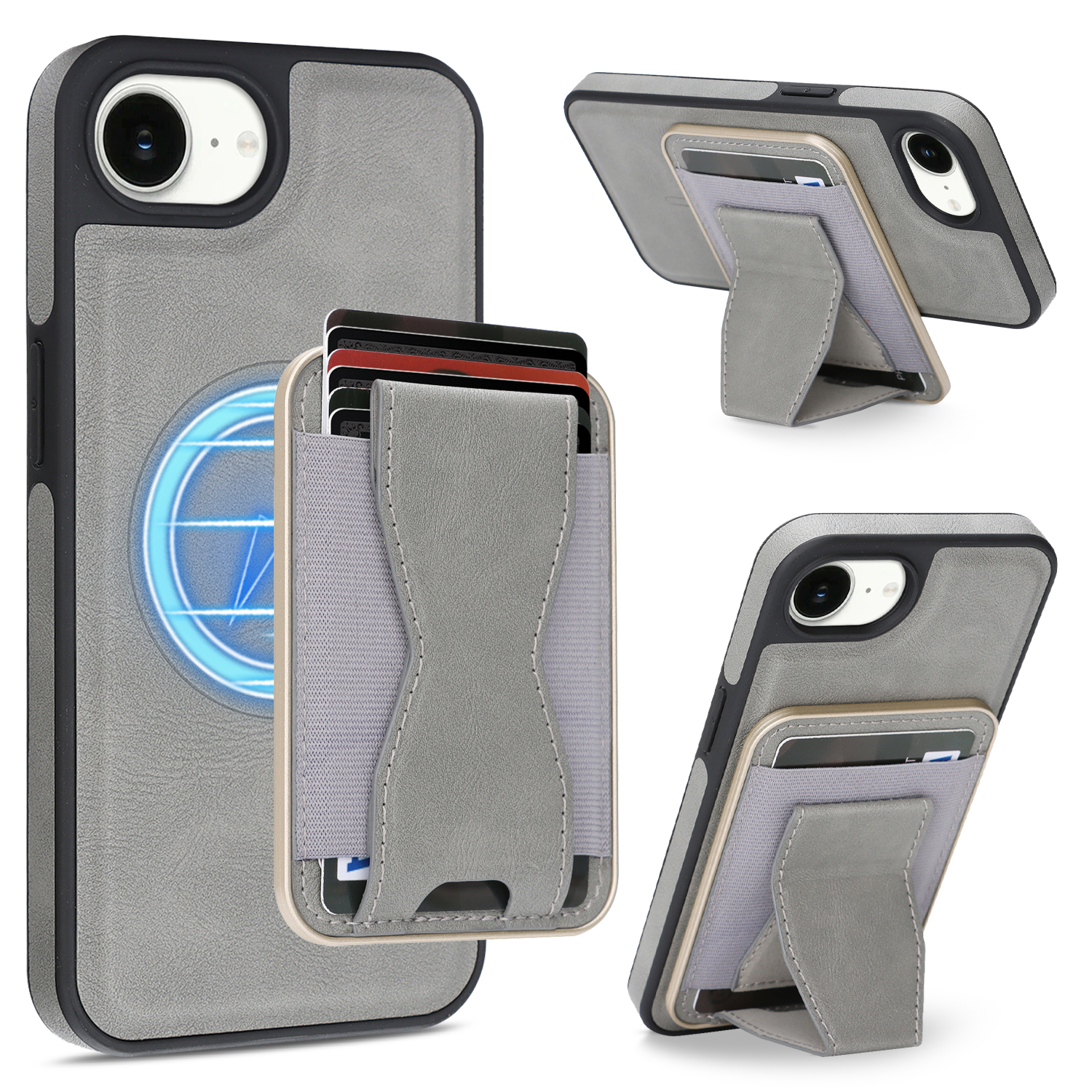 For iPhone 16e Case Compatible with MagSafe Leather Back Phone Cover with Detachable Card Holder Kickstand - Light Grey