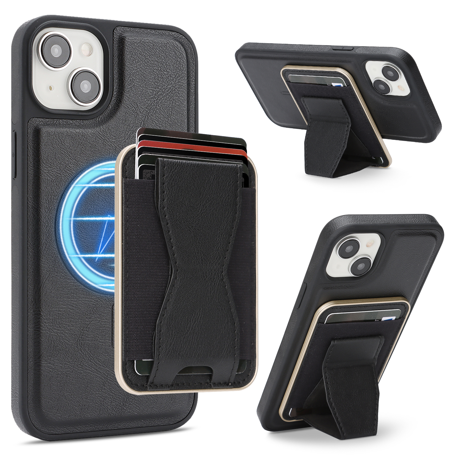 For iPhone 14 Case Compatible with MagSafe Leather Back Phone Cover with Detachable Card Holder Kickstand - Black