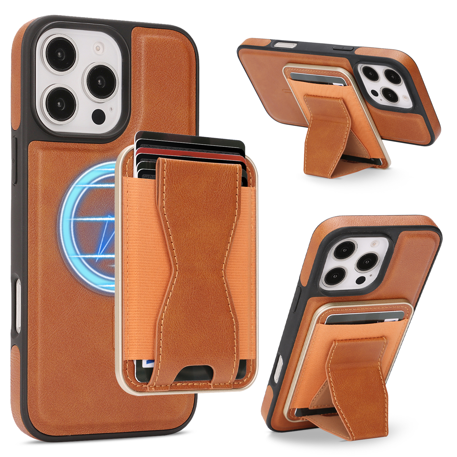 For iPhone 13 Pro Case Compatible with MagSafe Leather Back Phone Cover with Detachable Card Holder Kickstand - Brown