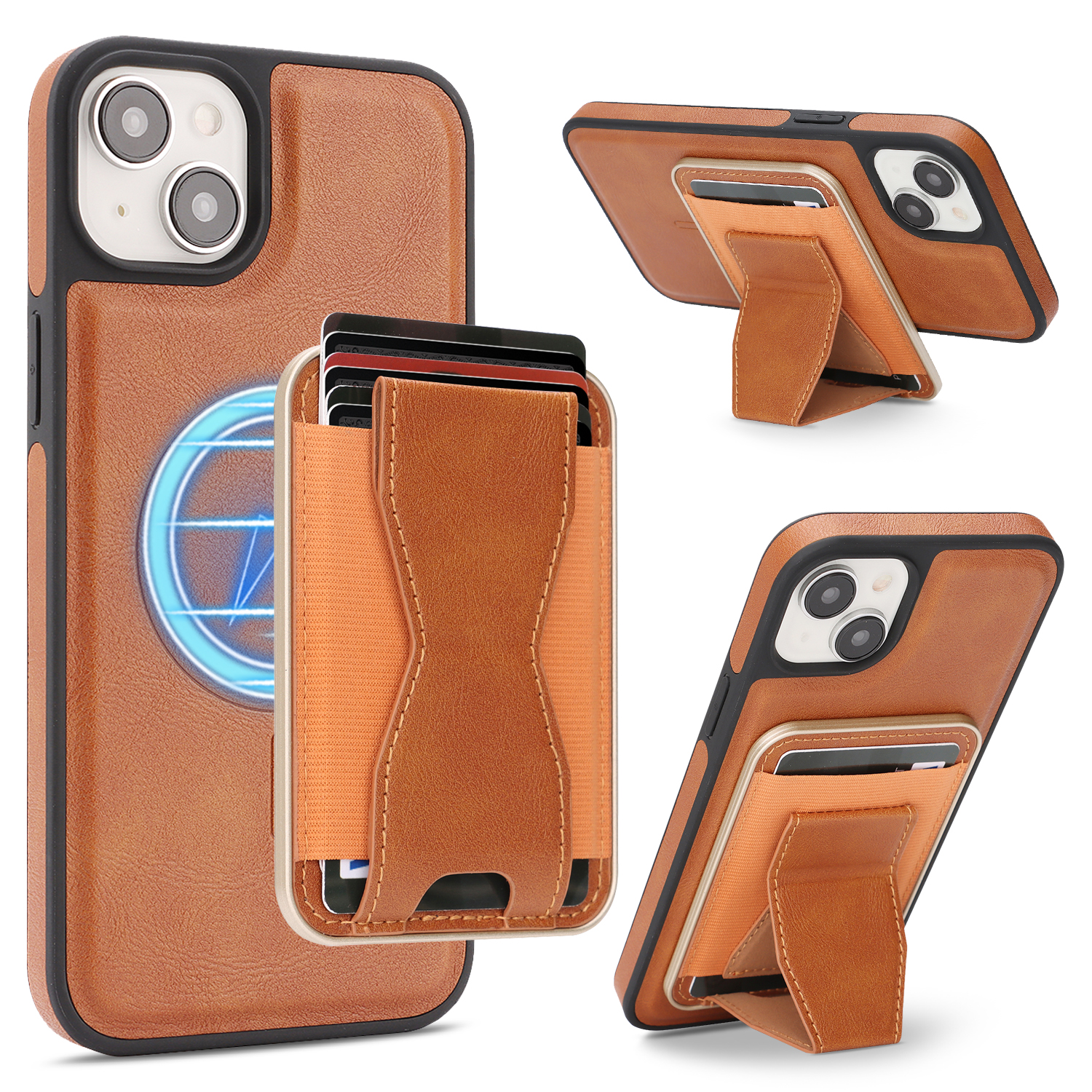 For iPhone 13 Case Compatible with MagSafe Leather Back Phone Cover with Detachable Card Holder Kickstand - Brown
