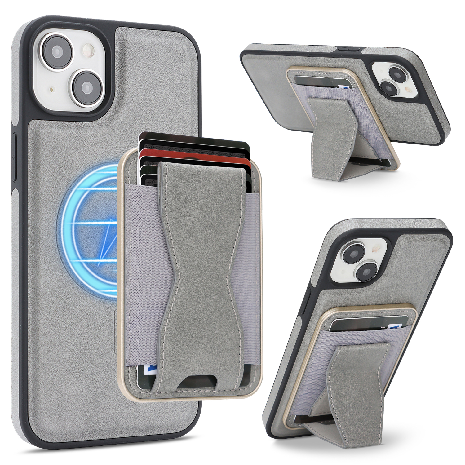 For iPhone 13 Case Compatible with MagSafe Leather Back Phone Cover with Detachable Card Holder Kickstand - Light Grey