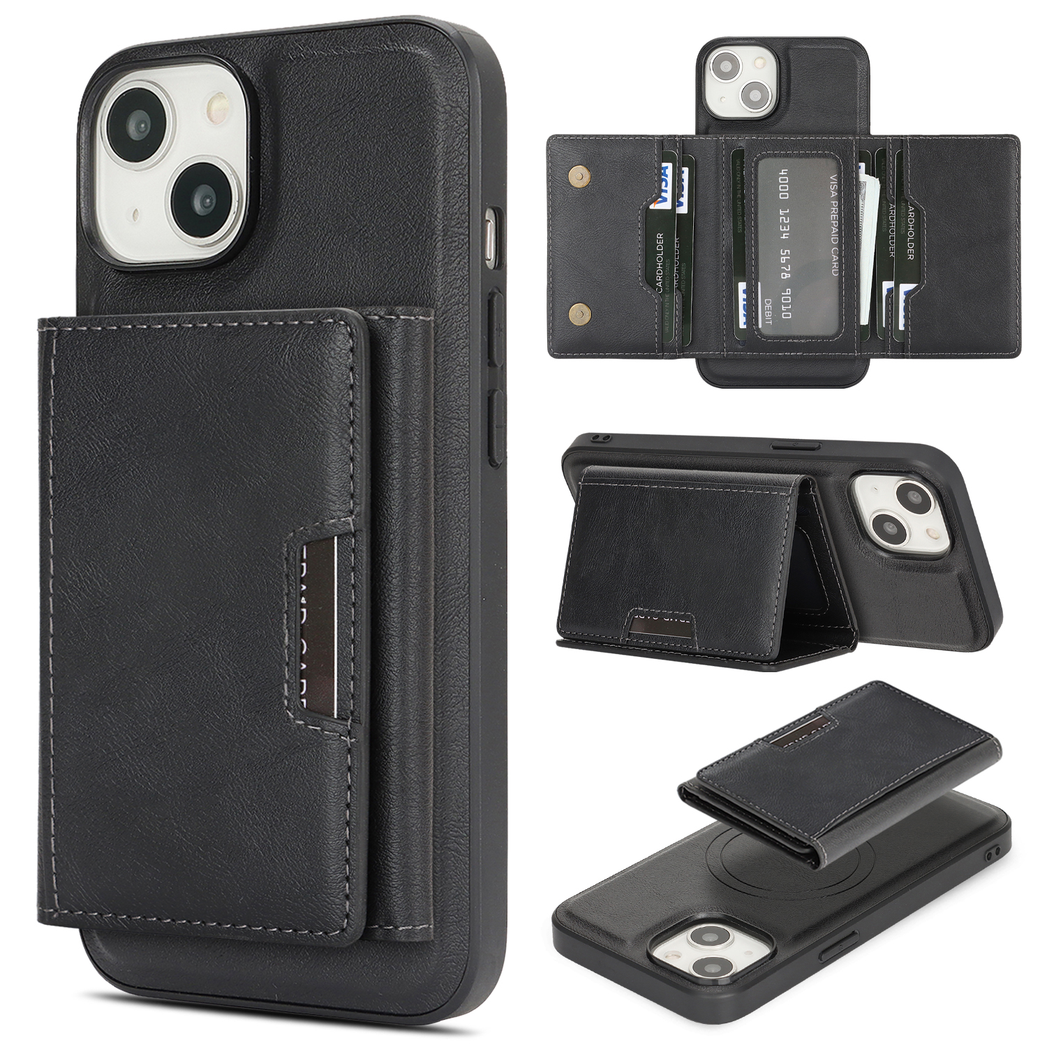 For iPhone 13 Kickstand Case Tri-fold Card Bag PU Leather Coated TPU Cover Compatible with MagSafe - Black