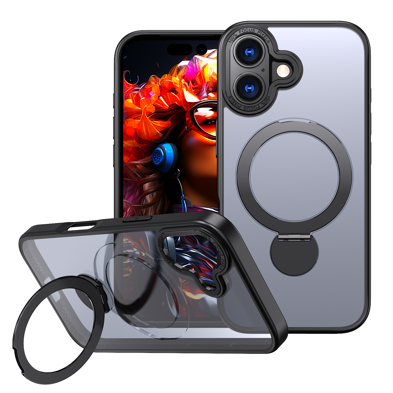 For iPhone 17 Case Rotating Kickstand Skin-touch TPU + PC Phone Cover Compatible with MagSafe - Black