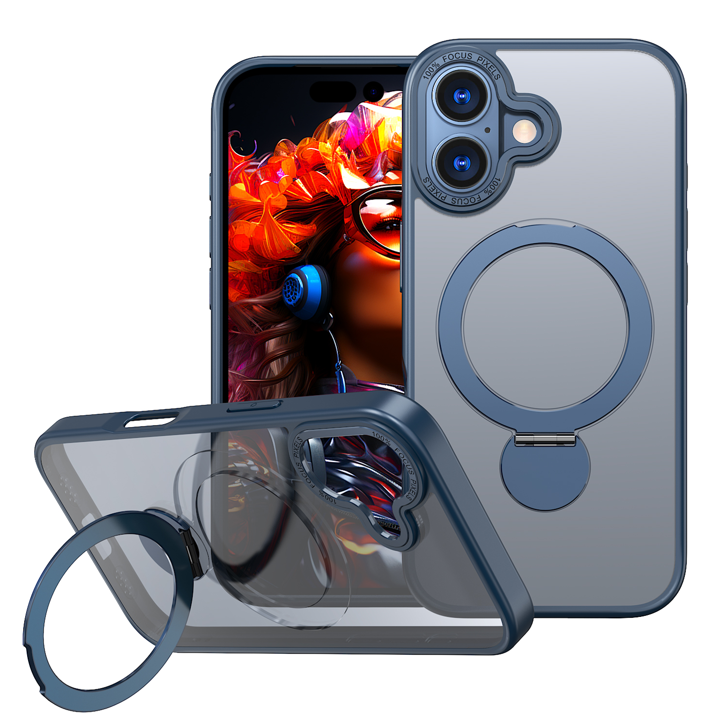 For iPhone 17 Case Rotating Kickstand Skin-touch TPU + PC Phone Cover Compatible with MagSafe - Blue