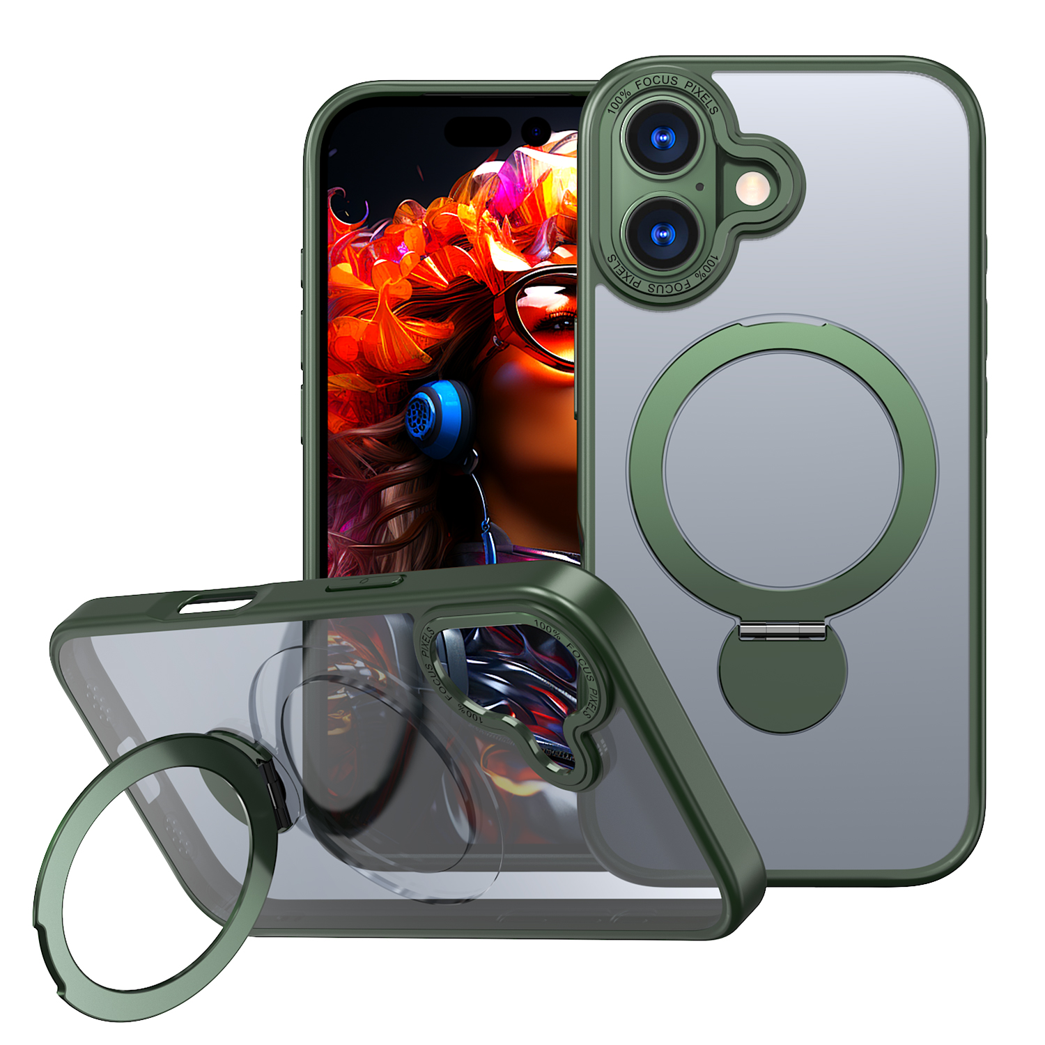 For iPhone 17 Case Rotating Kickstand Skin-touch TPU + PC Phone Cover Compatible with MagSafe - Green