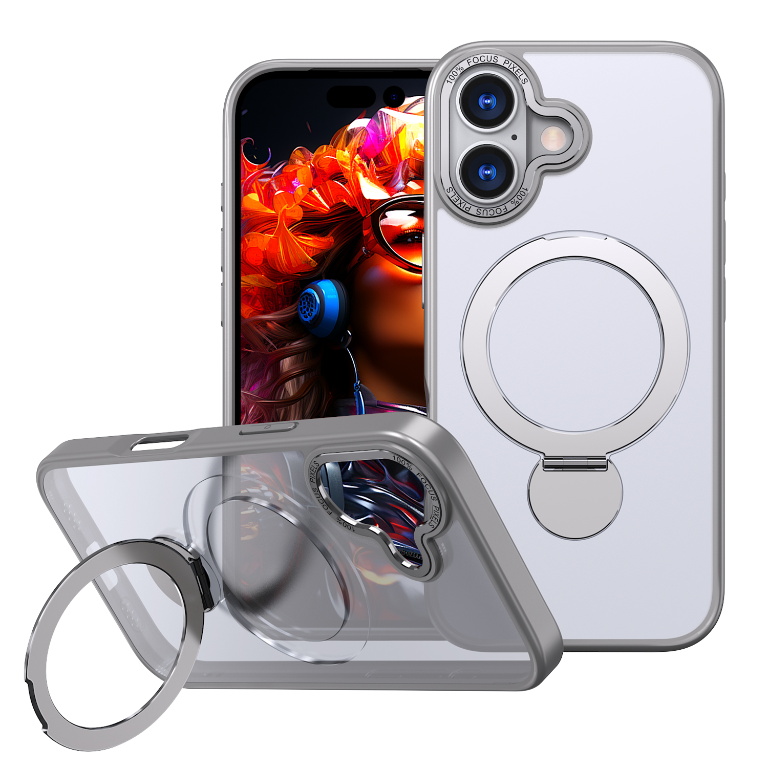 For iPhone 17 Case Rotating Kickstand Skin-touch TPU + PC Phone Cover Compatible with MagSafe - Titanium Grey