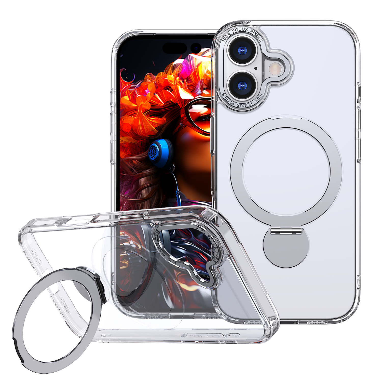 For iPhone 17 Case Rotating Kickstand Skin-touch TPU + PC Phone Cover Compatible with MagSafe - Transparent