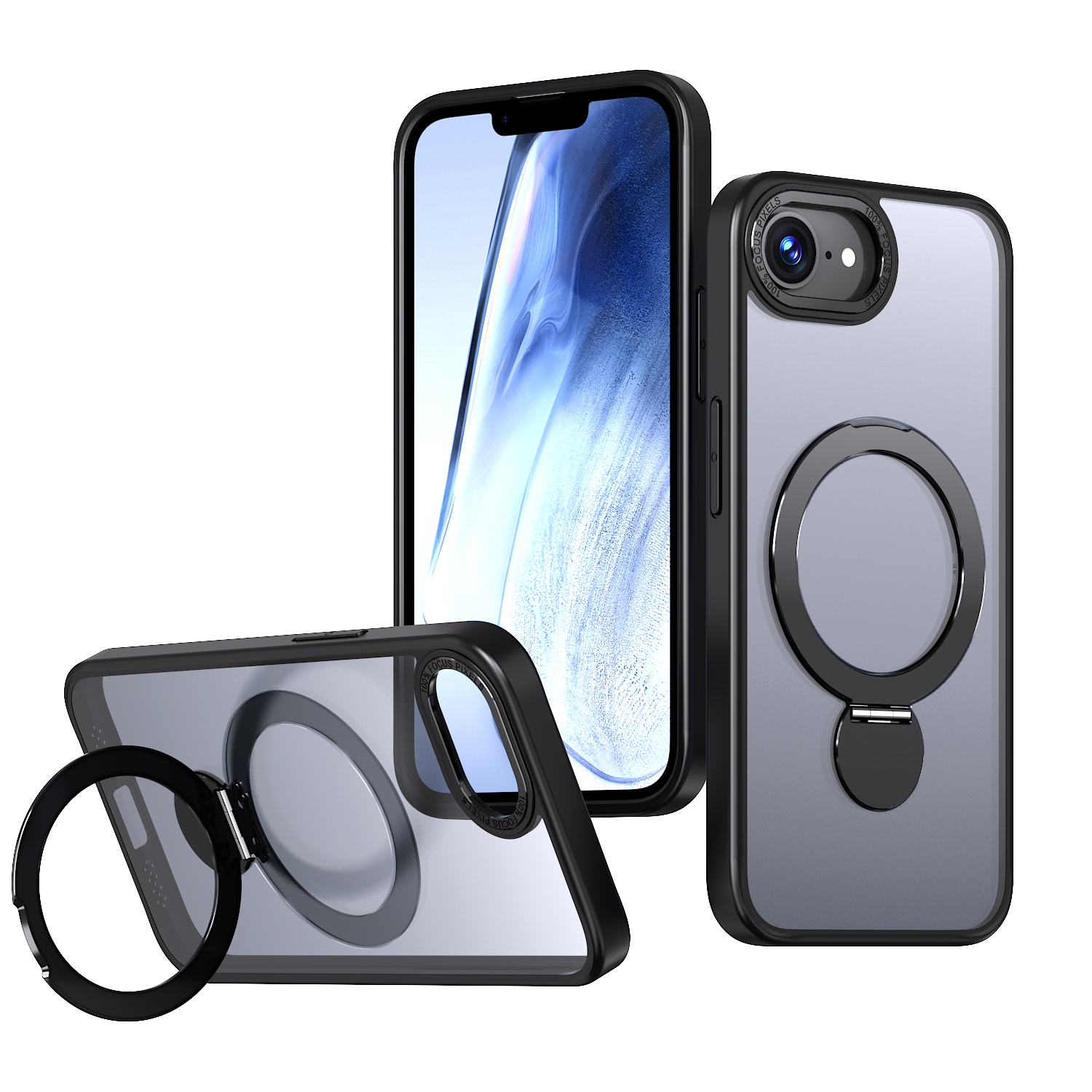 For iPhone 16e Case Rotating Kickstand Skin-touch TPU + PC Phone Cover Compatible with MagSafe - Black