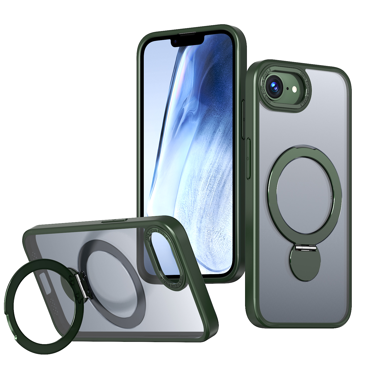 For iPhone 16e Case Rotating Kickstand Skin-touch TPU + PC Phone Cover Compatible with MagSafe - Green