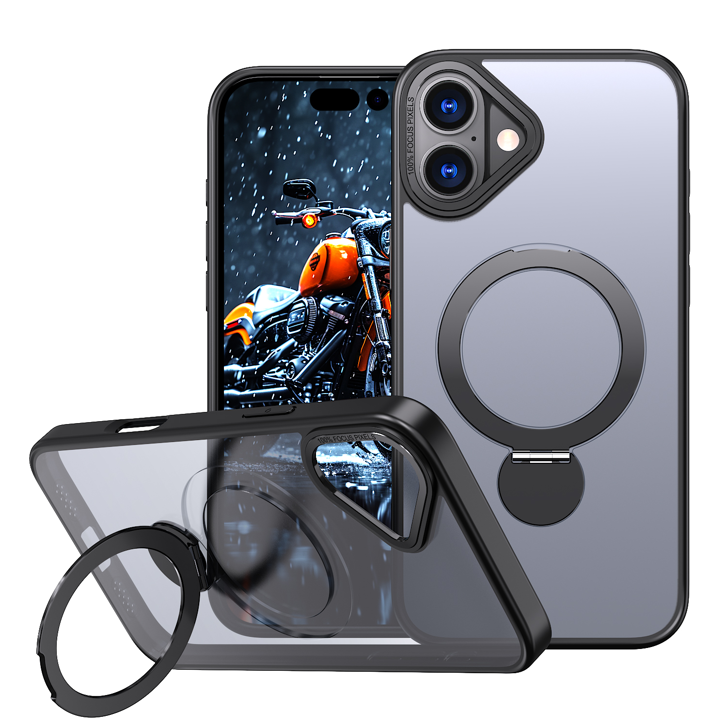 For iPhone 16 Case Rotating Kickstand Skin-touch TPU + PC Phone Cover Compatible with MagSafe - Black