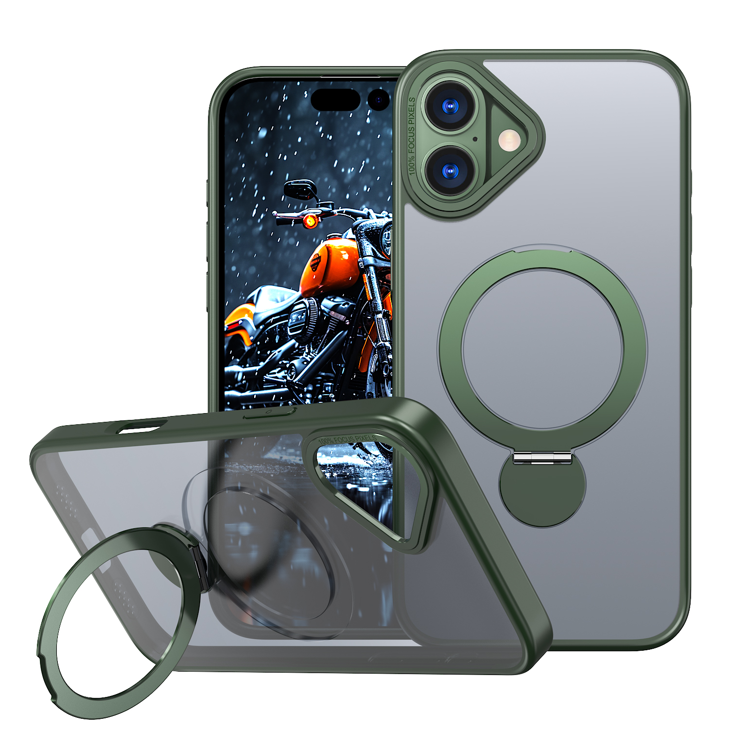 For iPhone 16 Case Rotating Kickstand Skin-touch TPU + PC Phone Cover Compatible with MagSafe - Green