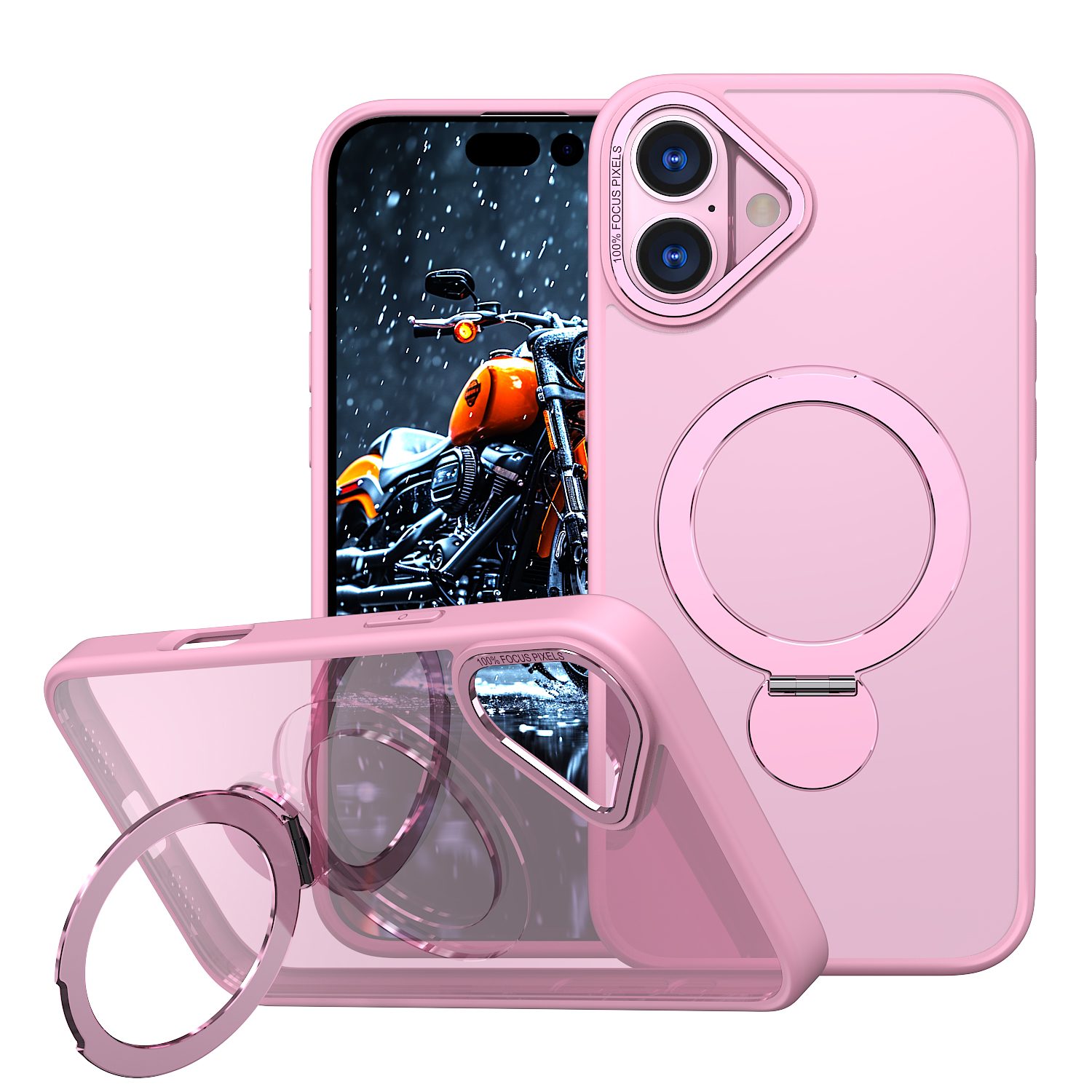 For iPhone 16 Case Rotating Kickstand Skin-touch TPU + PC Phone Cover Compatible with MagSafe - Pink