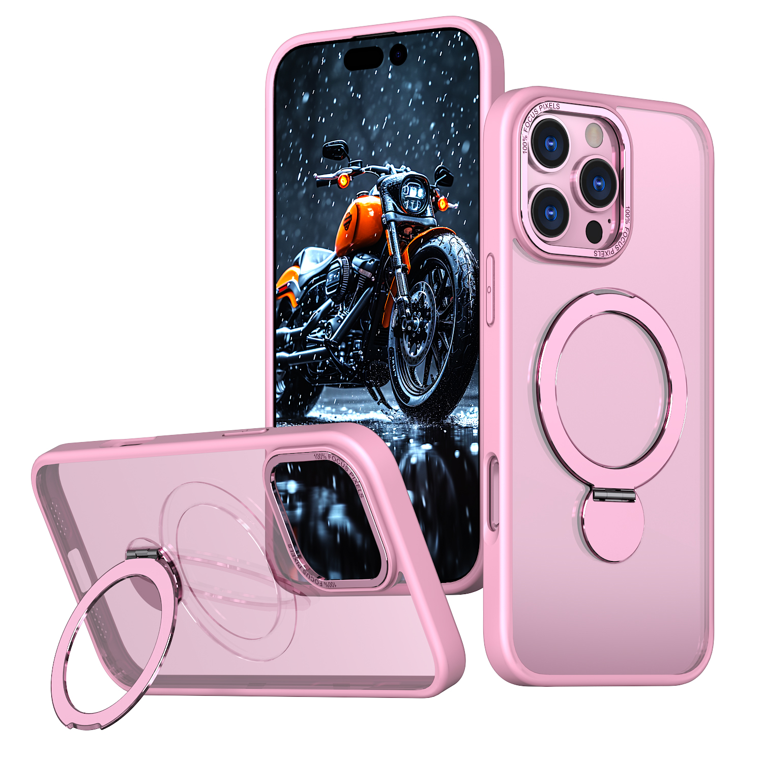 For iPhone 15 Pro Case Rotating Kickstand Skin-touch TPU + PC Phone Cover Compatible with MagSafe - Pink