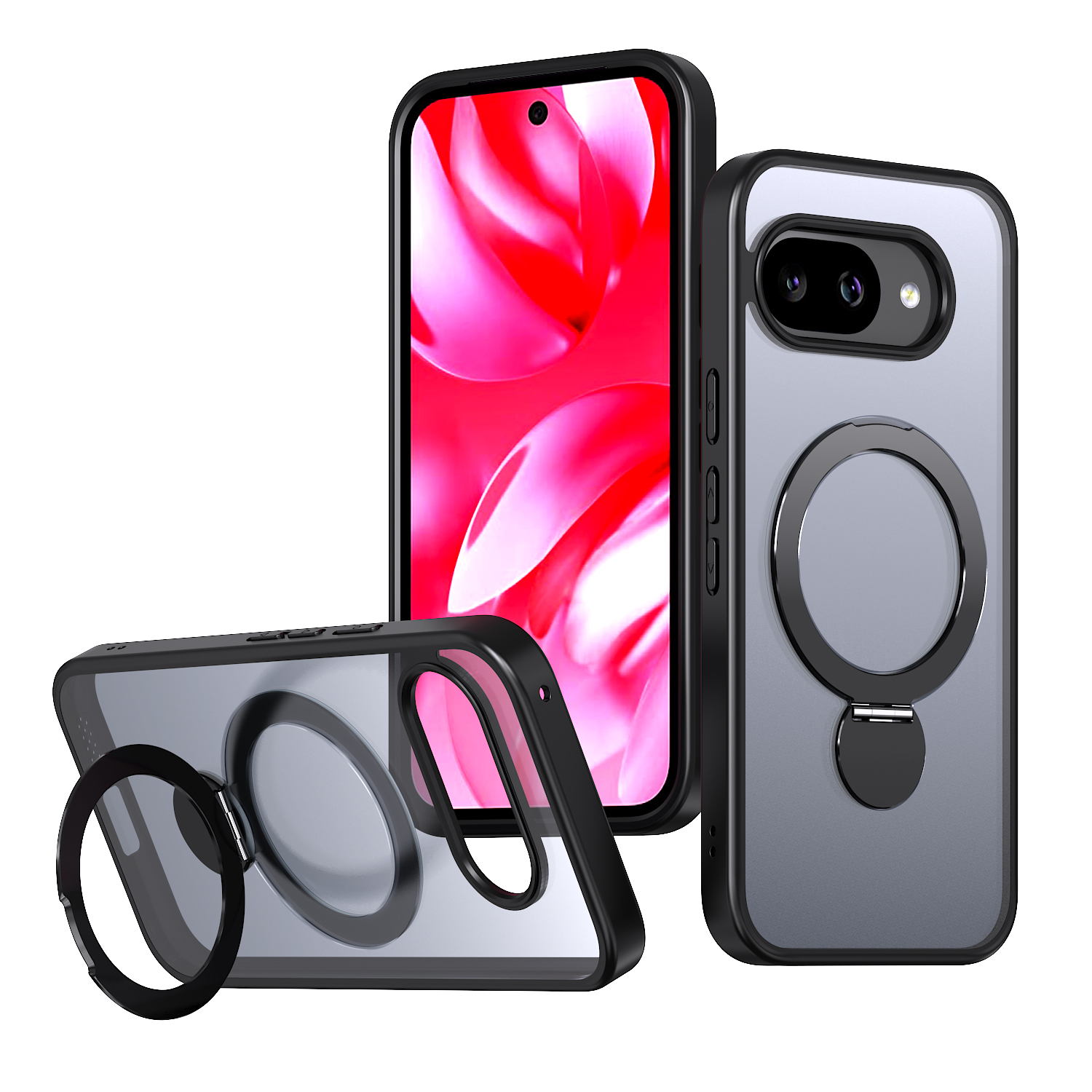 For Google Pixel 9a Case Rotating Kickstand Skin-touch TPU + PC Phone Cover Compatible with MagSafe - Black