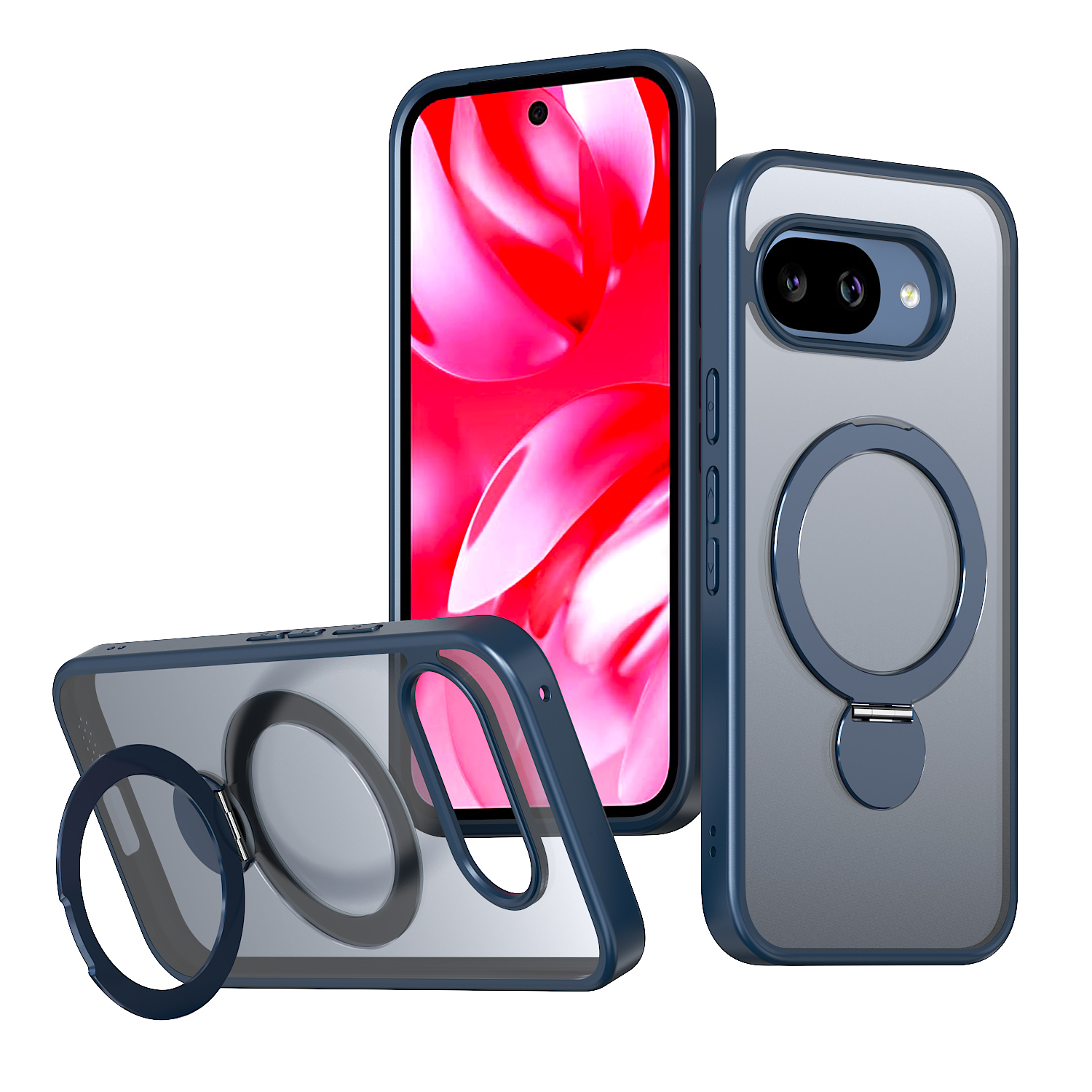 For Google Pixel 9a Case Rotating Kickstand Skin-touch TPU + PC Phone Cover Compatible with MagSafe - Blue