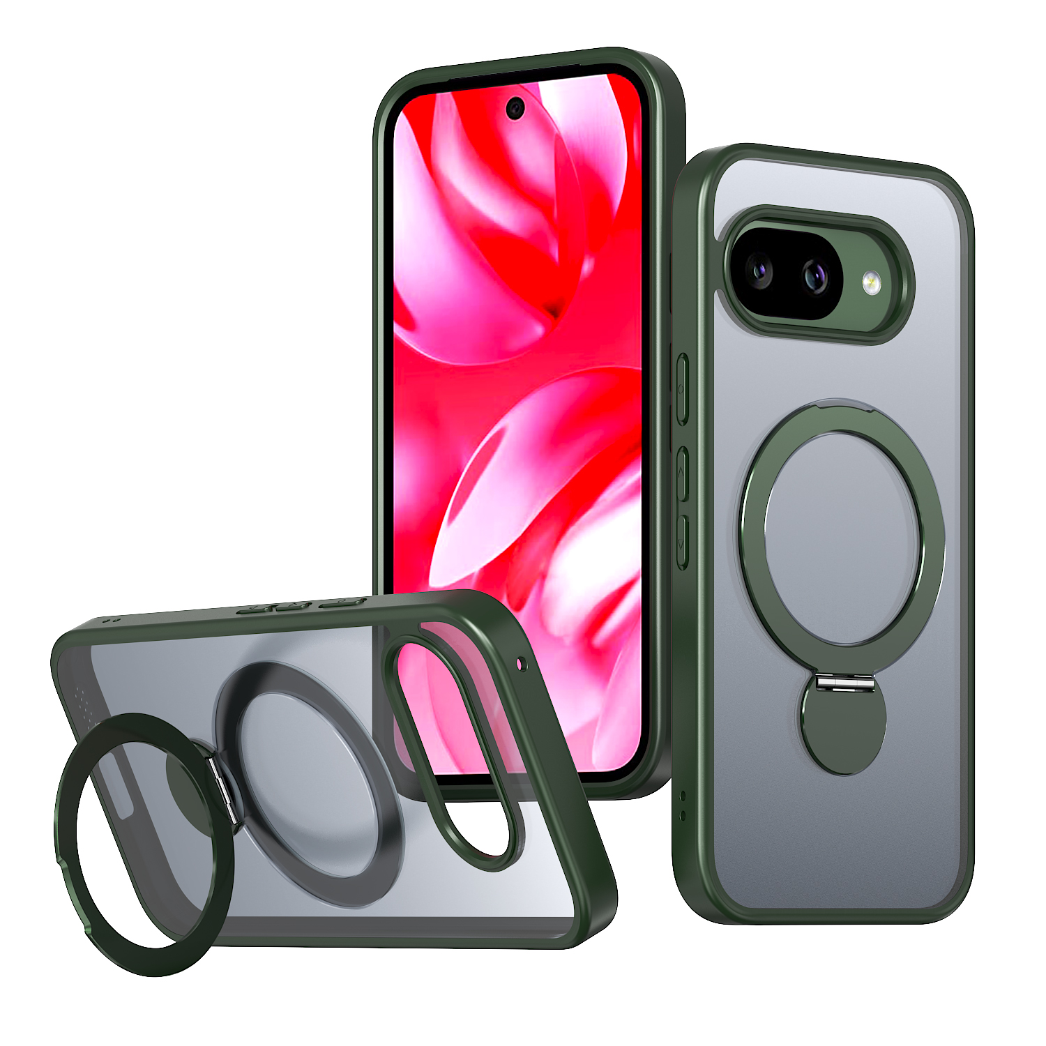 For Google Pixel 9a Case Rotating Kickstand Skin-touch TPU + PC Phone Cover Compatible with MagSafe - Green