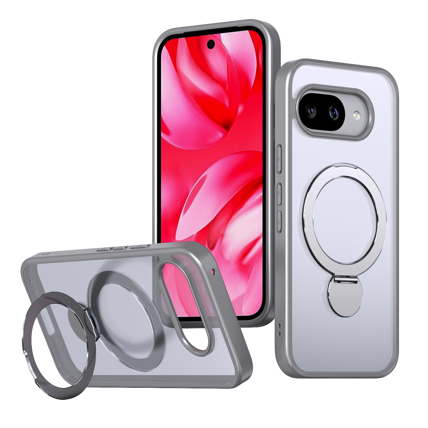 For Google Pixel 9a Case Rotating Kickstand Skin-touch TPU + PC Phone Cover Compatible with MagSafe - Titanium Grey