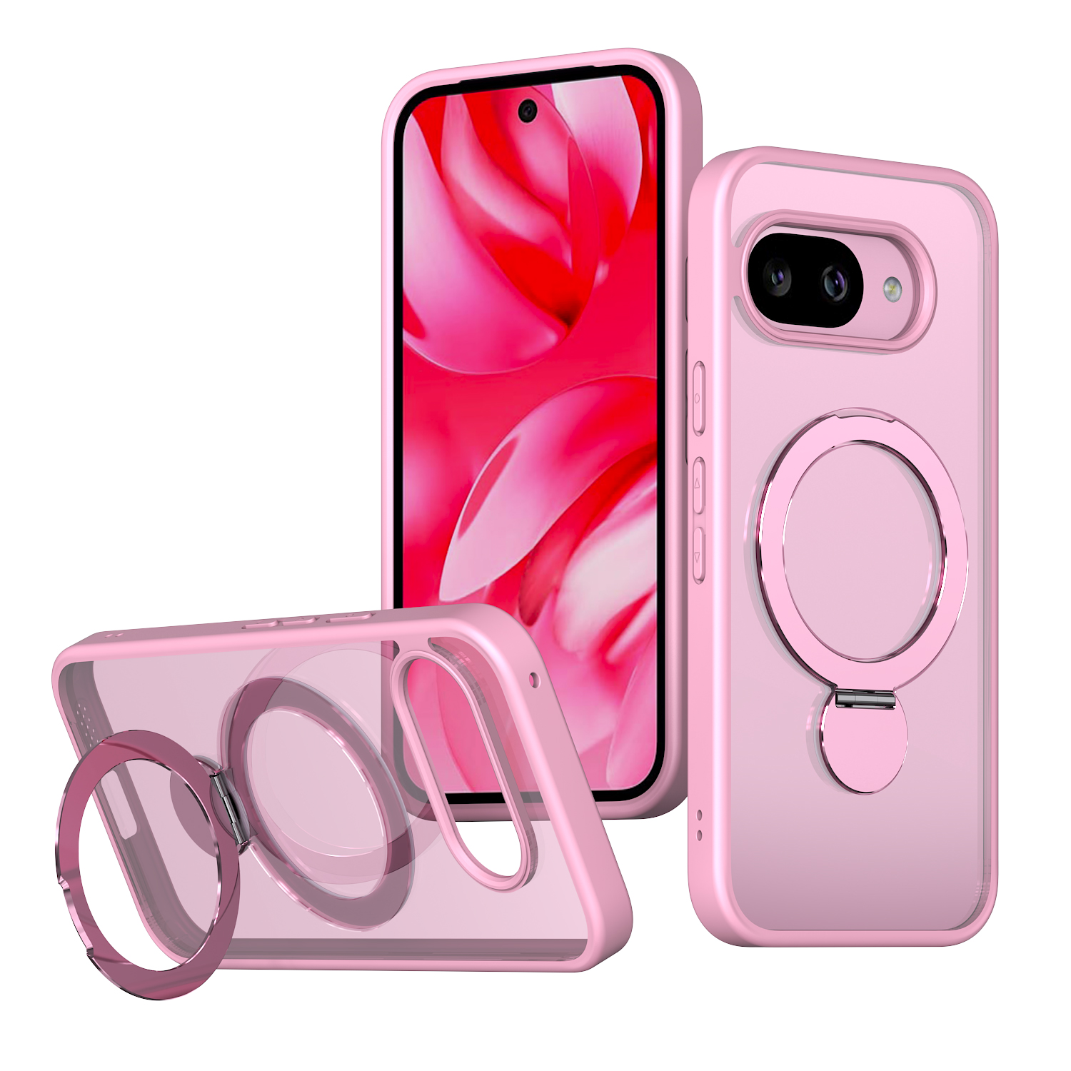For Google Pixel 9a Case Rotating Kickstand Skin-touch TPU + PC Phone Cover Compatible with MagSafe - Pink