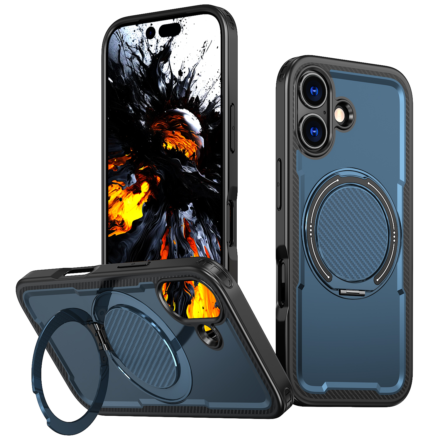 For iPhone 17 Case Compatible with MagSafe TPU + PC Phone Cover with Damping Rotating Stand - Blue