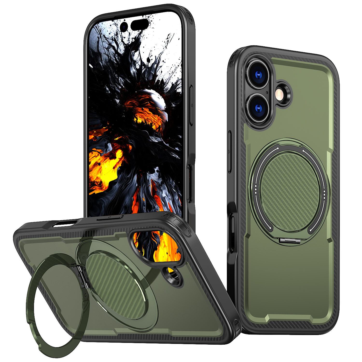 For iPhone 17 Case Compatible with MagSafe TPU + PC Phone Cover with Damping Rotating Stand - Green