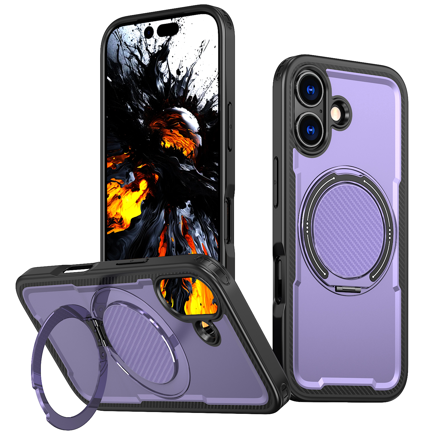 For iPhone 17 Case Compatible with MagSafe TPU + PC Phone Cover with Damping Rotating Stand - Purple