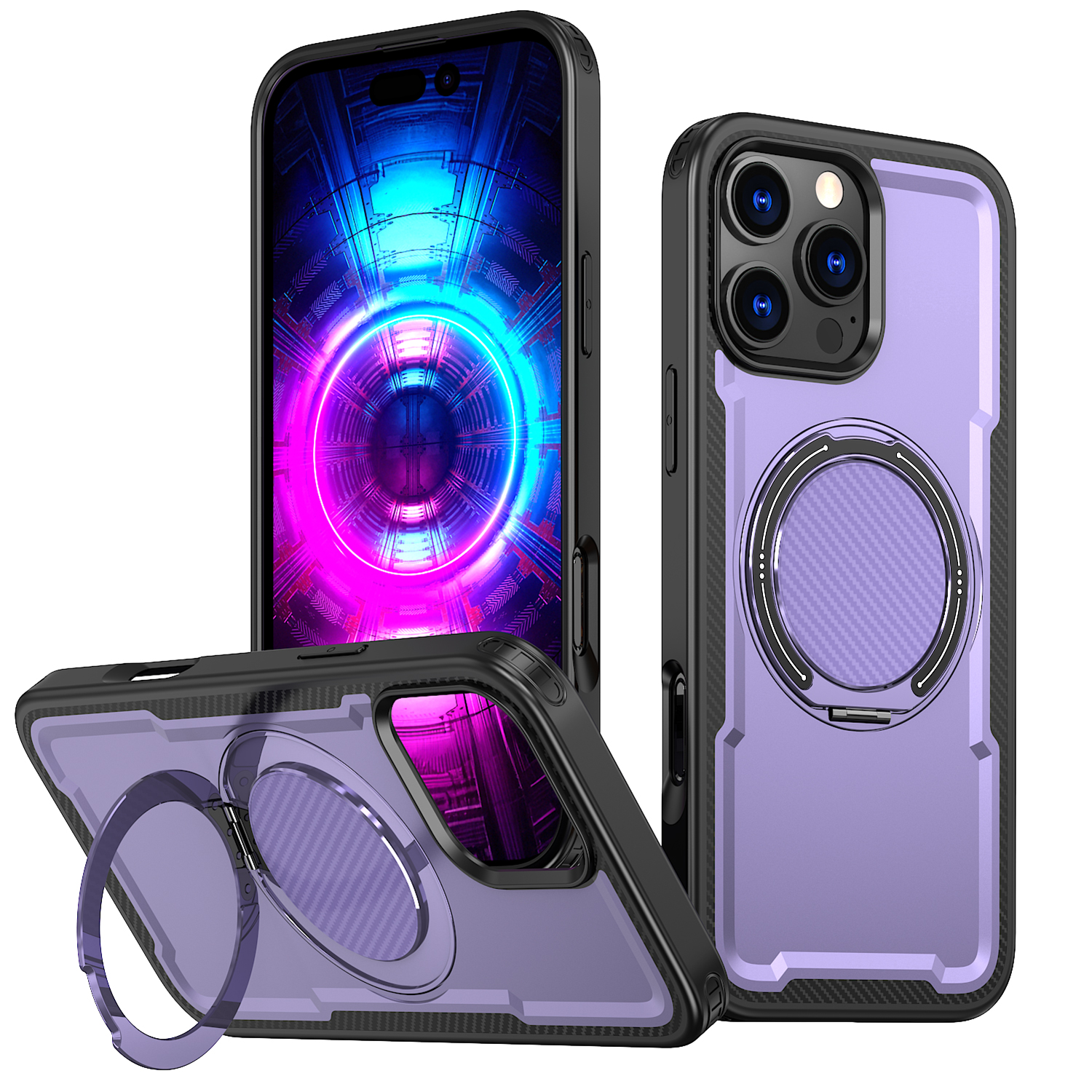 For iPhone 16 Pro Max Case Compatible with MagSafe TPU + PC Phone Cover with Damping Rotating Stand - Purple
