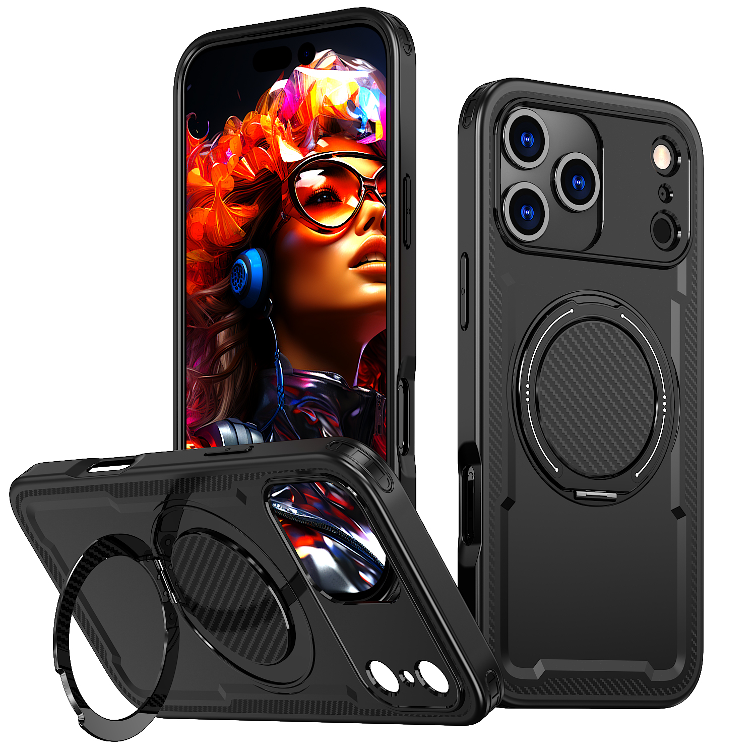 For iPhone 17 Pro Case Compatible with MagSafe TPU + PC Phone Cover with Damping Rotating Stand - Black