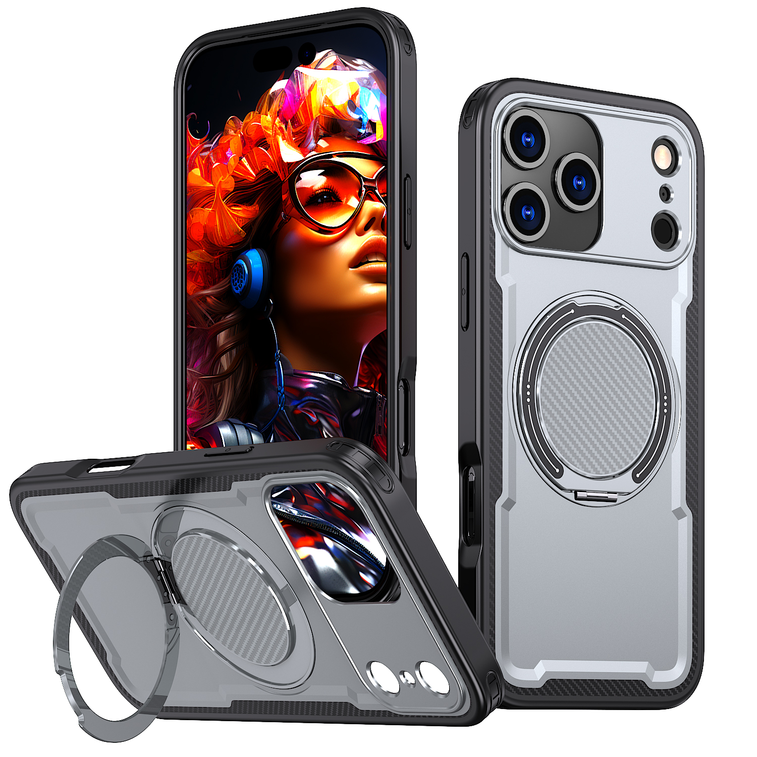 For iPhone 17 Pro Case Compatible with MagSafe TPU + PC Phone Cover with Damping Rotating Stand - Grey