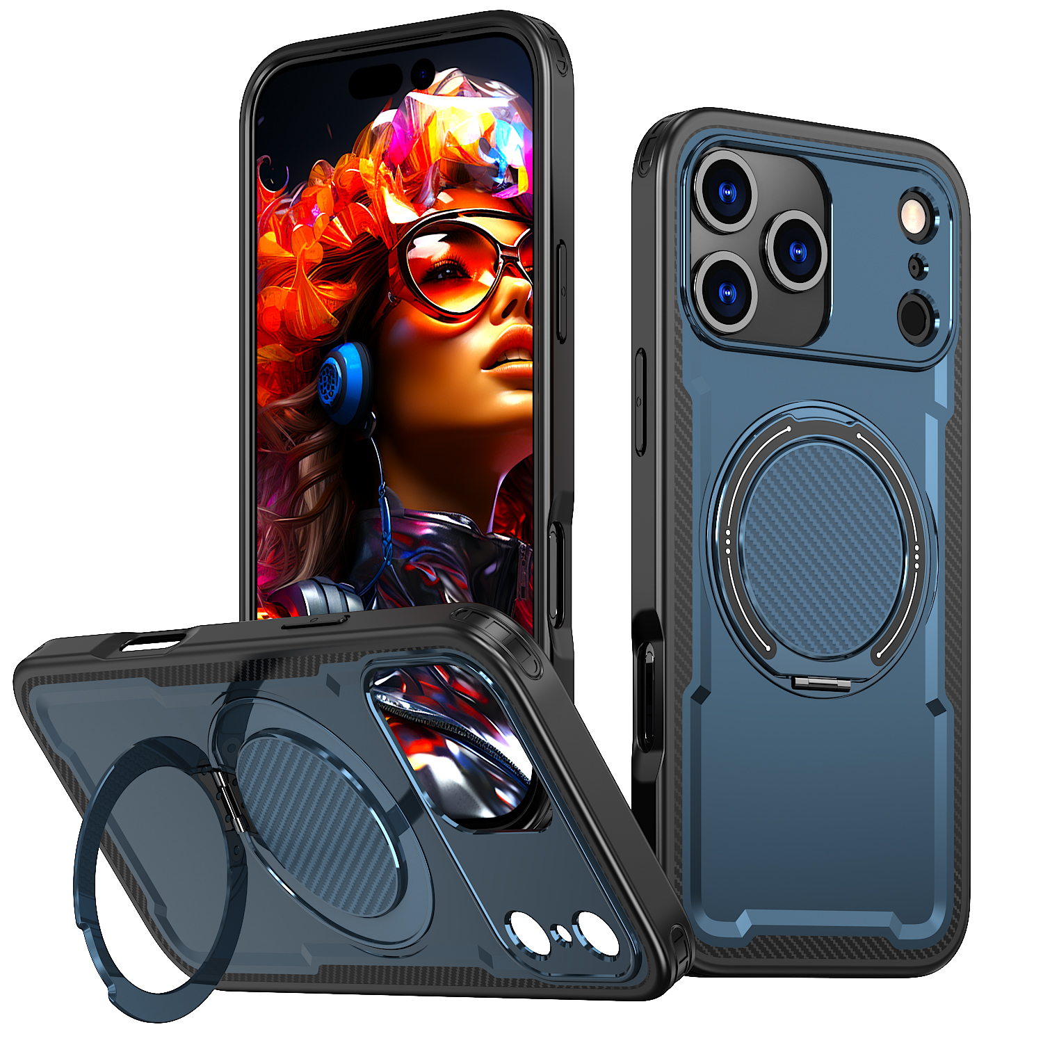 For iPhone 17 Pro Case Compatible with MagSafe TPU + PC Phone Cover with Damping Rotating Stand - Blue