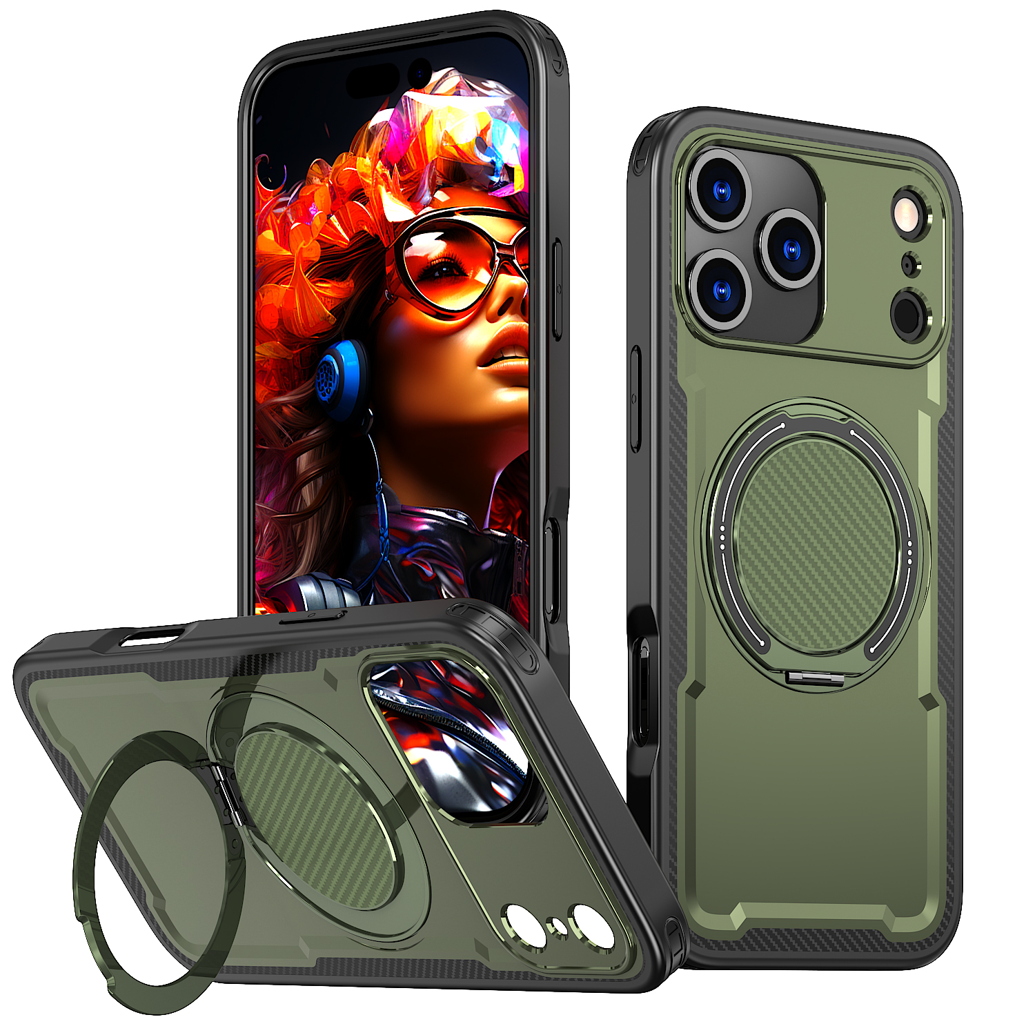 For iPhone 17 Pro Case Compatible with MagSafe TPU + PC Phone Cover with Damping Rotating Stand - Green