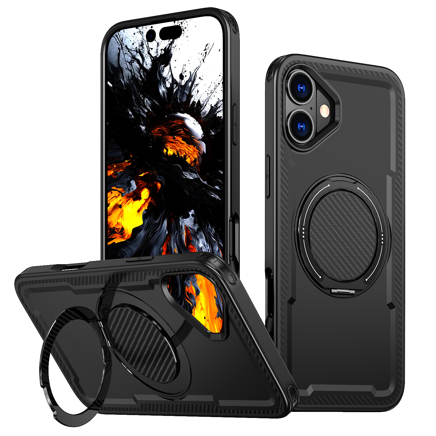 For iPhone 16 Case Compatible with MagSafe TPU + PC Phone Cover with Damping Rotating Stand - Black