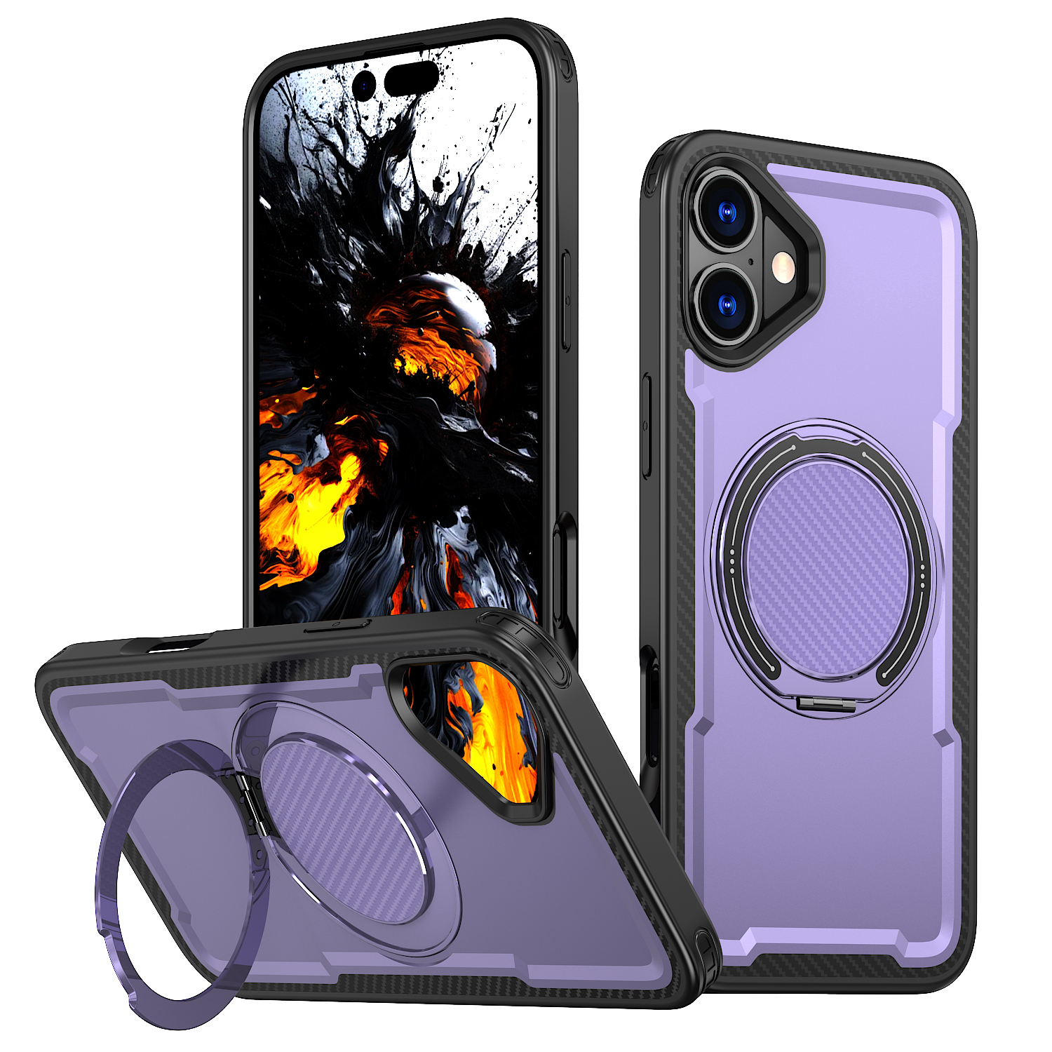 For iPhone 16 Case Compatible with MagSafe TPU + PC Phone Cover with Damping Rotating Stand - Purple