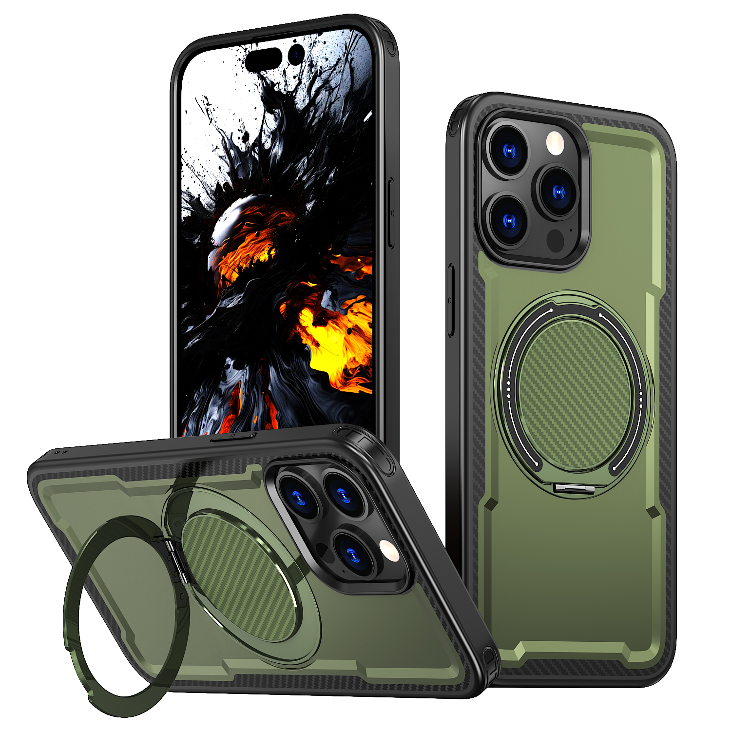 For iPhone 13 Pro Max Case Compatible with MagSafe TPU + PC Phone Cover with Damping Rotating Stand - Green