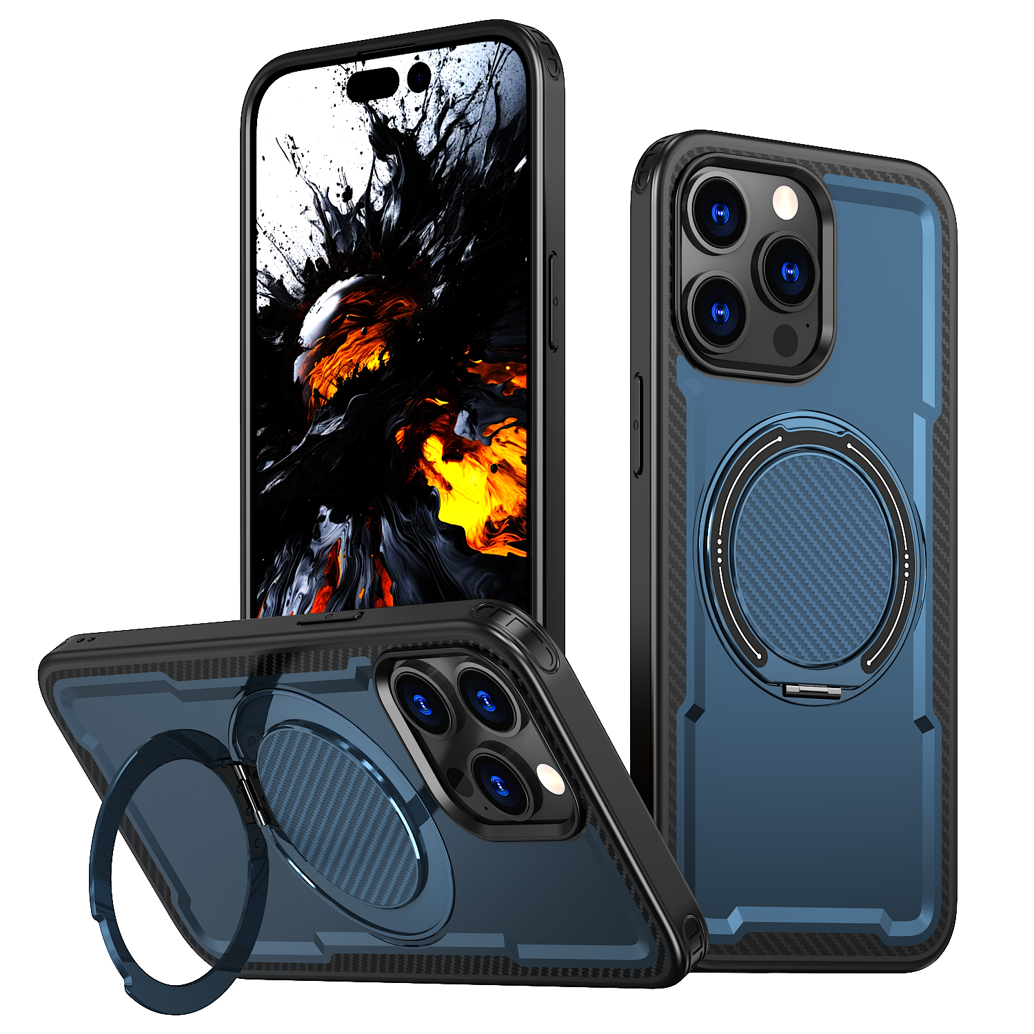 For iPhone 15 Pro Max Case Compatible with MagSafe TPU + PC Phone Cover with Damping Rotating Stand - Blue