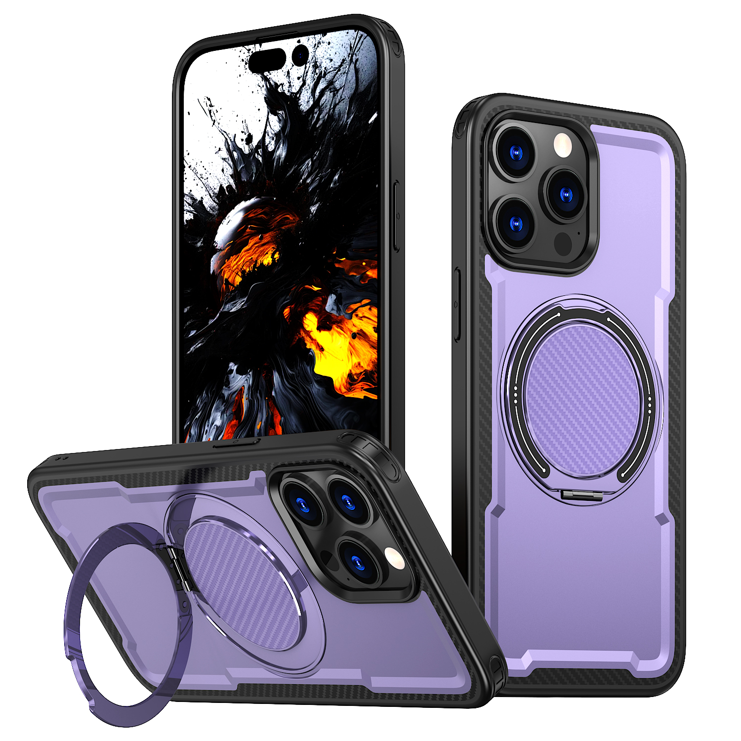 For iPhone 15 Pro Max Case Compatible with MagSafe TPU + PC Phone Cover with Damping Rotating Stand - Purple