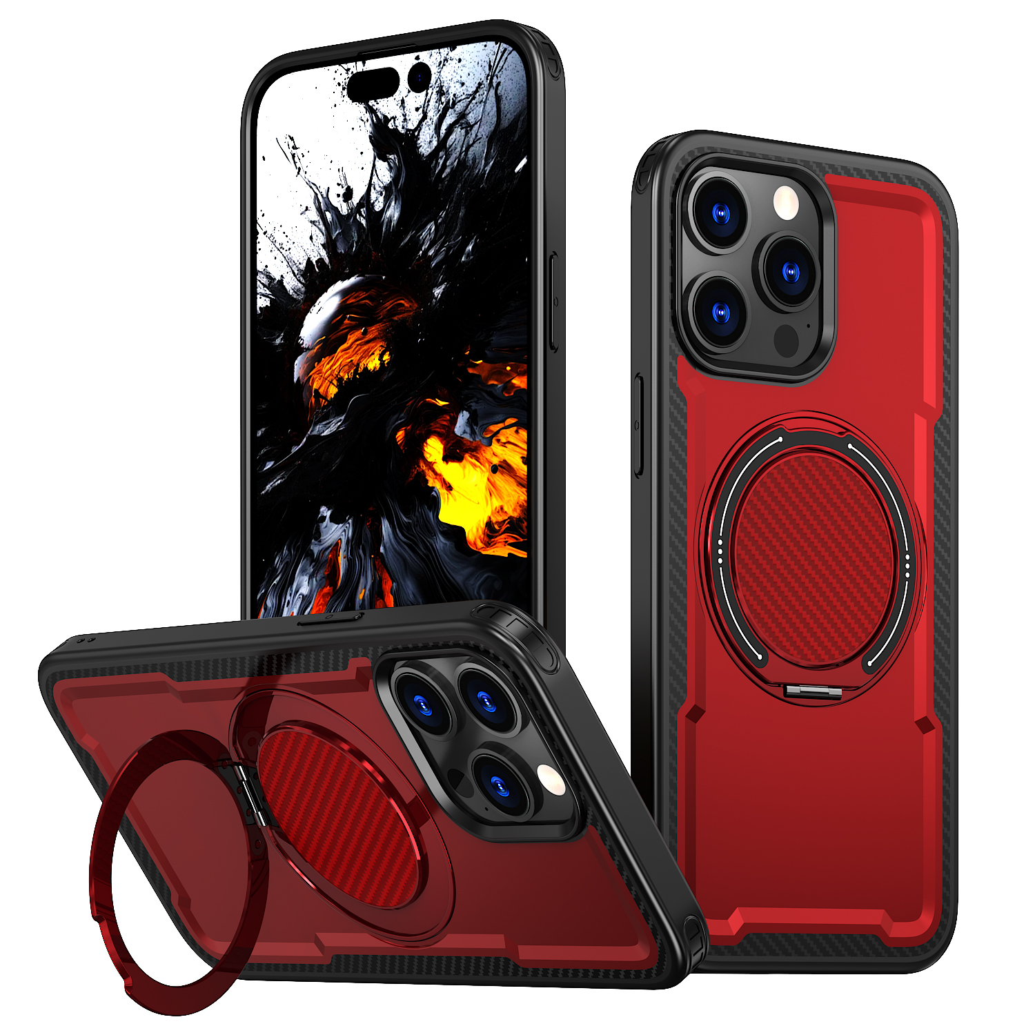 For iPhone 14 Pro Case Compatible with MagSafe TPU + PC Phone Cover with Damping Rotating Stand - Red