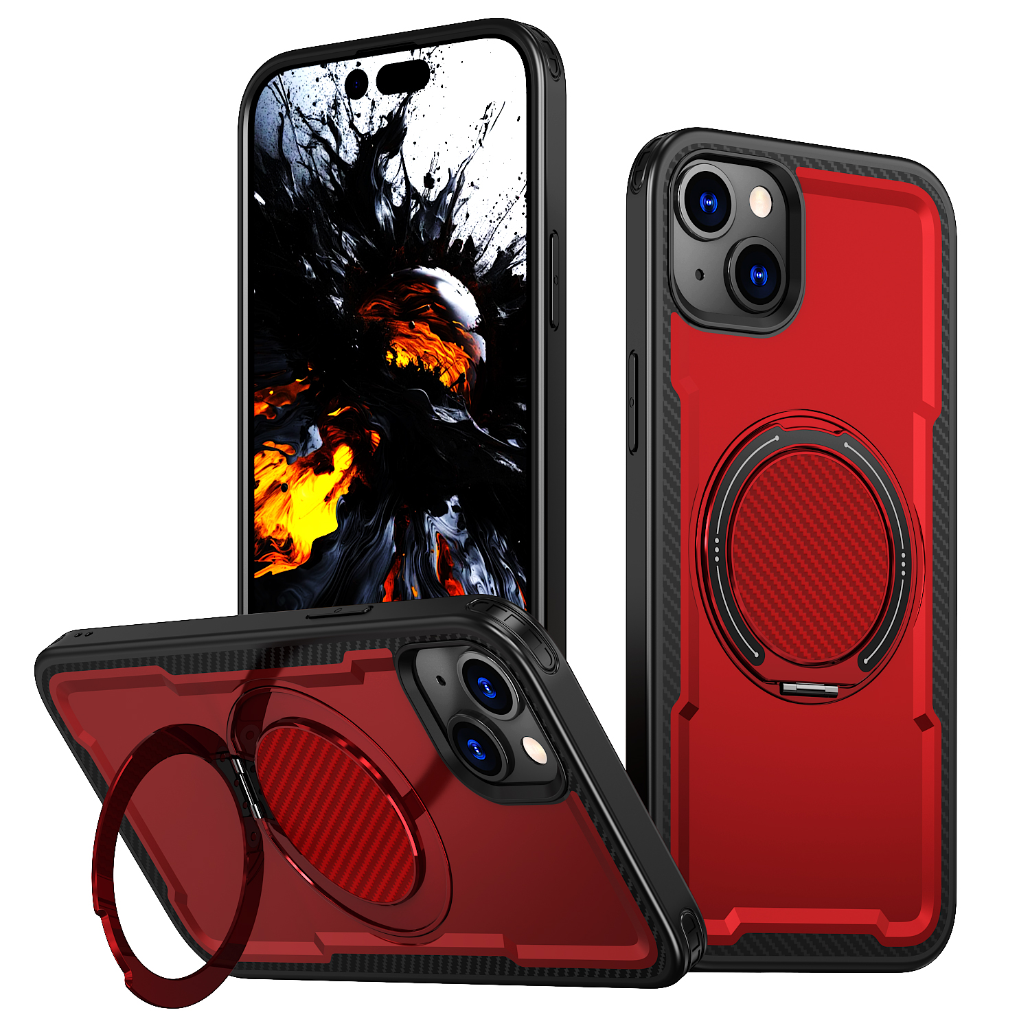 For iPhone 14 Case Compatible with MagSafe TPU + PC Phone Cover with Damping Rotating Stand - Red