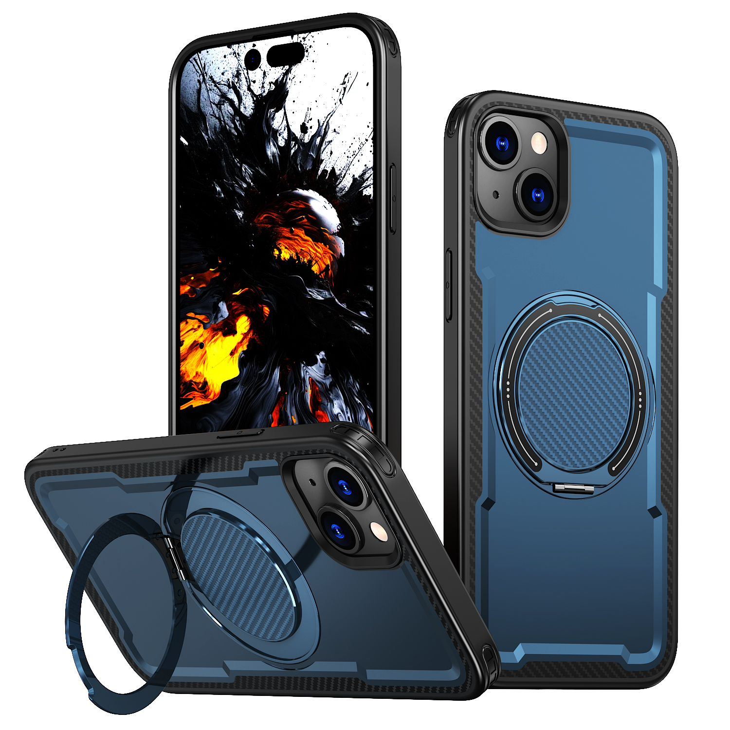 For iPhone 14 Case Compatible with MagSafe TPU + PC Phone Cover with Damping Rotating Stand - Blue