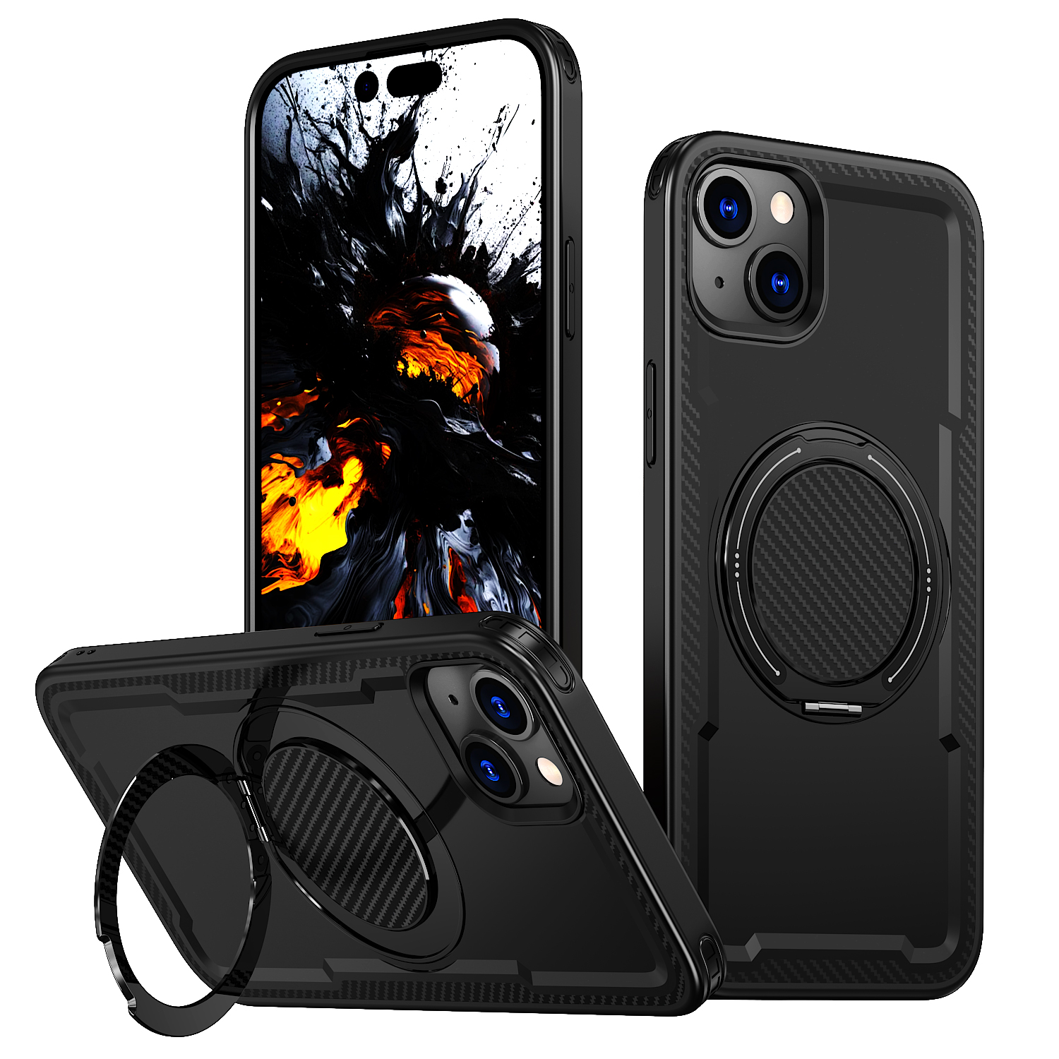 For iPhone 15 Case Compatible with MagSafe TPU + PC Phone Cover with Damping Rotating Stand - Black