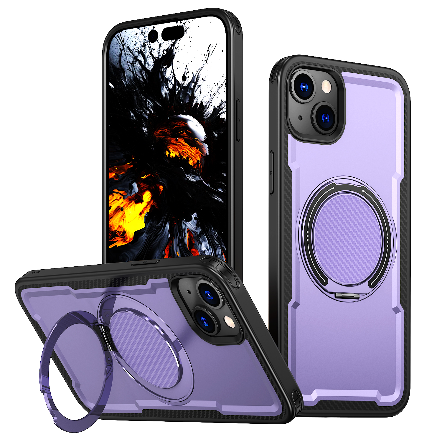 For iPhone 13 Case Compatible with MagSafe TPU + PC Phone Cover with Damping Rotating Stand - Purple