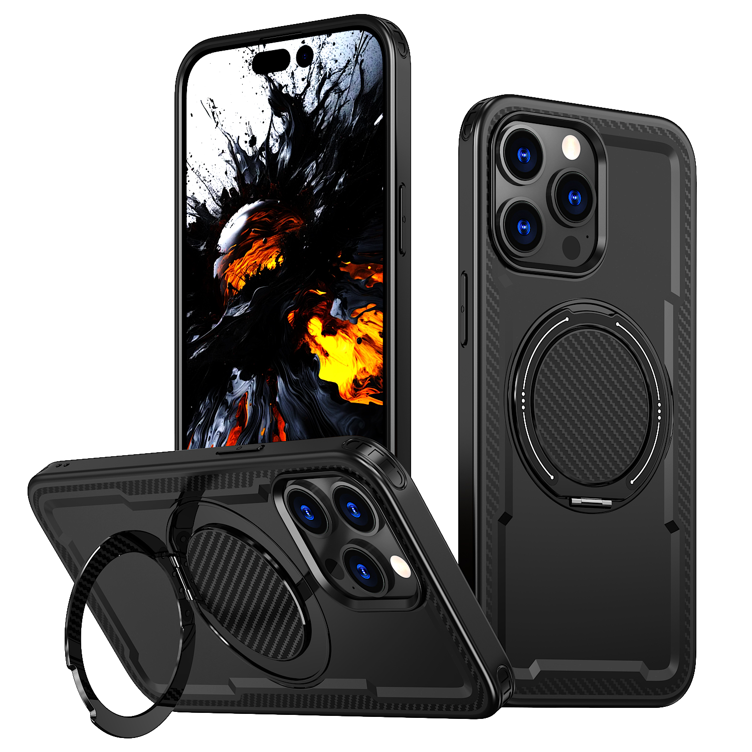 For iPhone 15 Pro Case Compatible with MagSafe TPU + PC Phone Cover with Damping Rotating Stand - Black