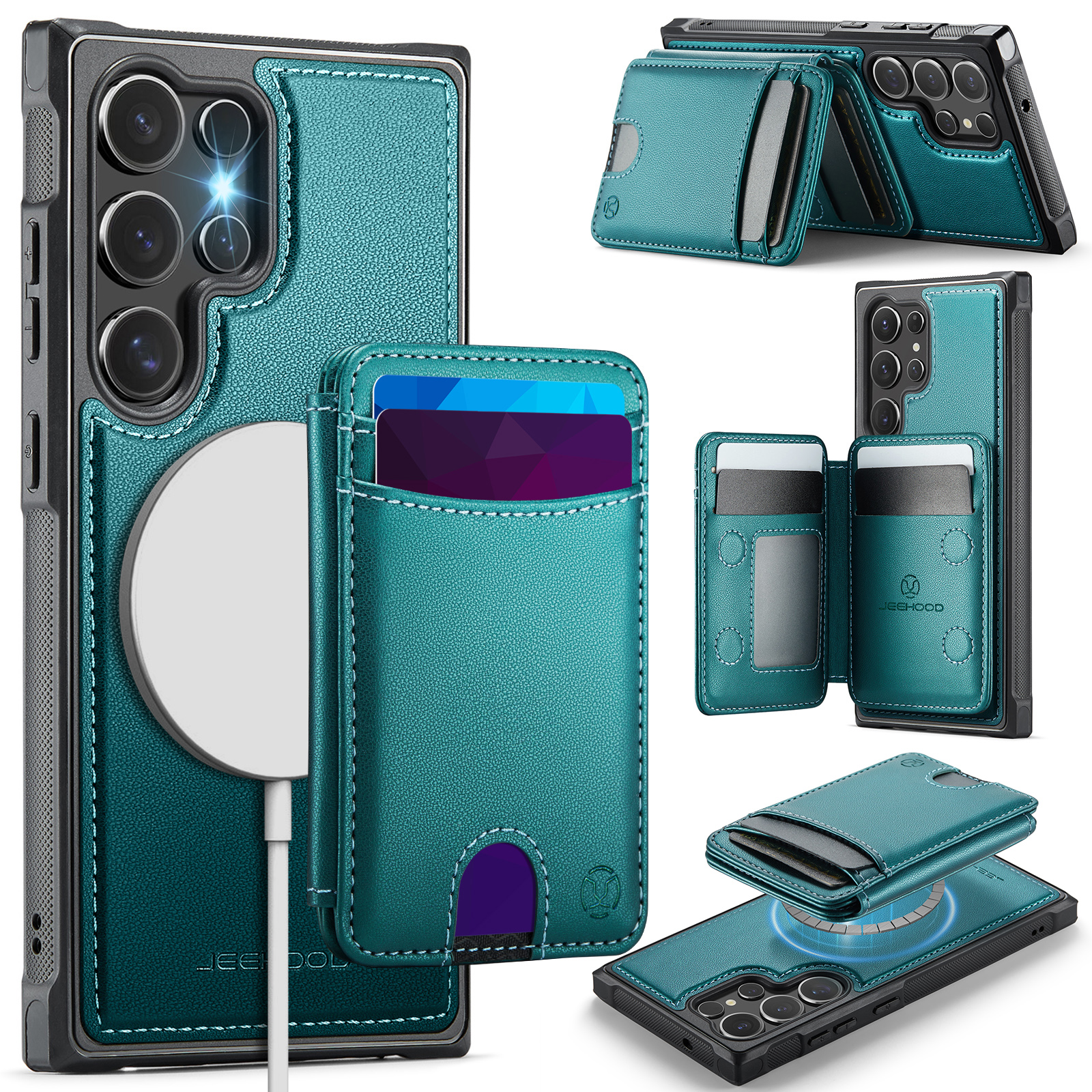 JEEHOOD For Samsung Galaxy S23 Ultra Magnetic Case J10 Leather Back Phone Cover with Detachable Card Holder Kickstand - Blue