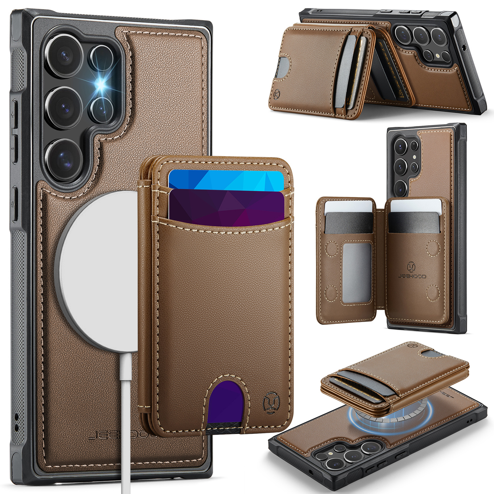 JEEHOOD For Samsung Galaxy S23 Ultra Magnetic Case  J10 Leather Back Phone Cover with Detachable Card Holder Kickstand - Brown