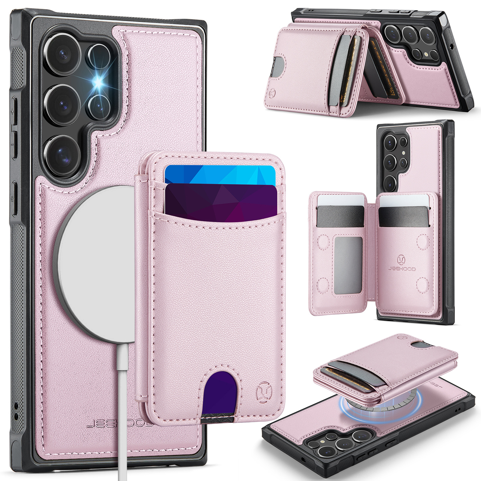 JEEHOOD For Samsung Galaxy S23 Ultra Magnetic Case  J10 Leather Back Phone Cover with Detachable Card Holder Kickstand - Pink